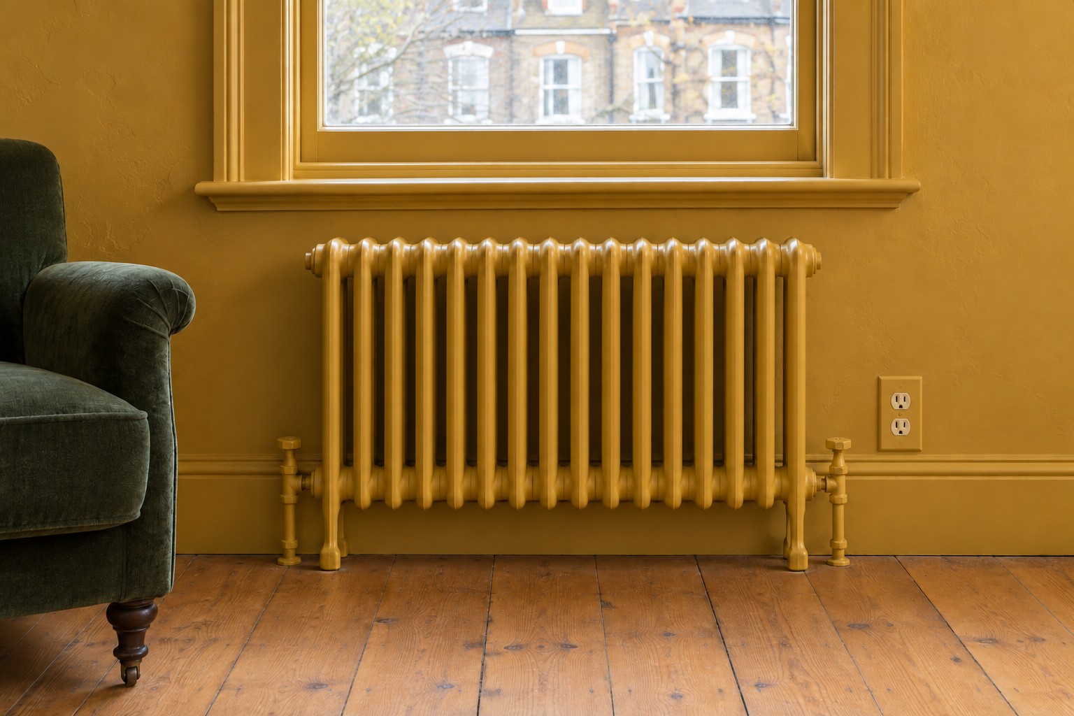 A cast iron radiator, windowsill, and outlet cover painted the same mustard as the wall behind them.