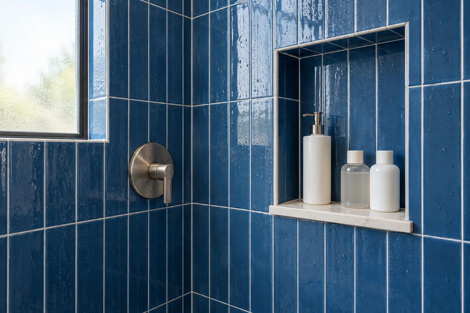 A shower niche at chest height holding a tall pump bottle with space above it, with the shower valve on the next wall at about the same level.