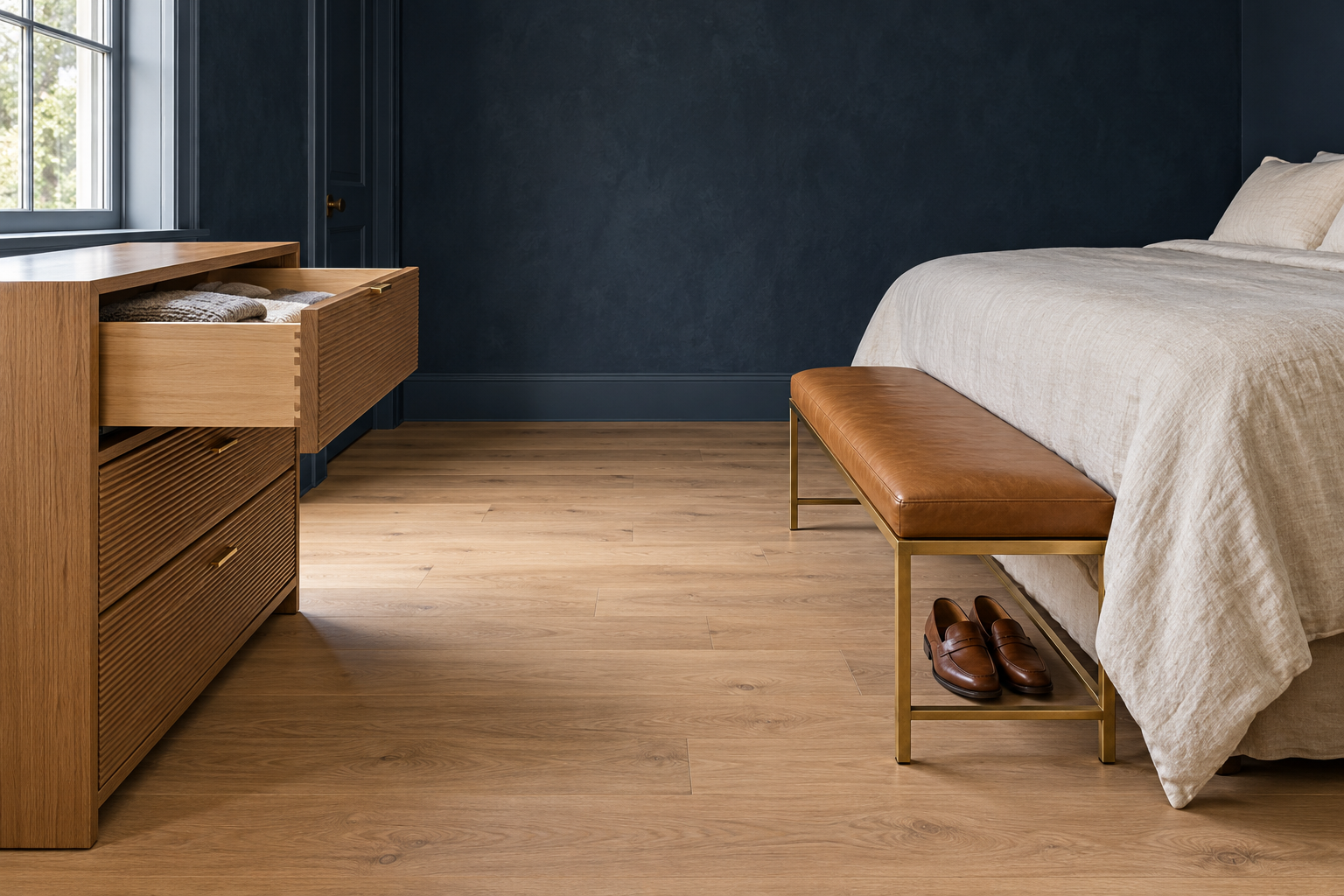 A view across the foot of a bed showing the leather bench, a clear stretch of floor, and a ribbed oak dresser opposite with its top drawer pulled fully open, with enough room to stand between them.