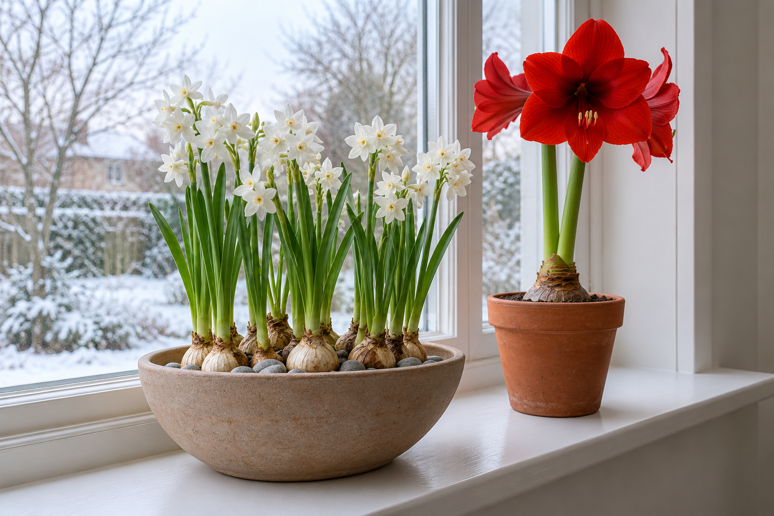 Paperwhite narcissus flowering in a low clay pot of pebbles and one red amaryllis in a terracotta pot on a white windowsill, with a snowy view beyond.