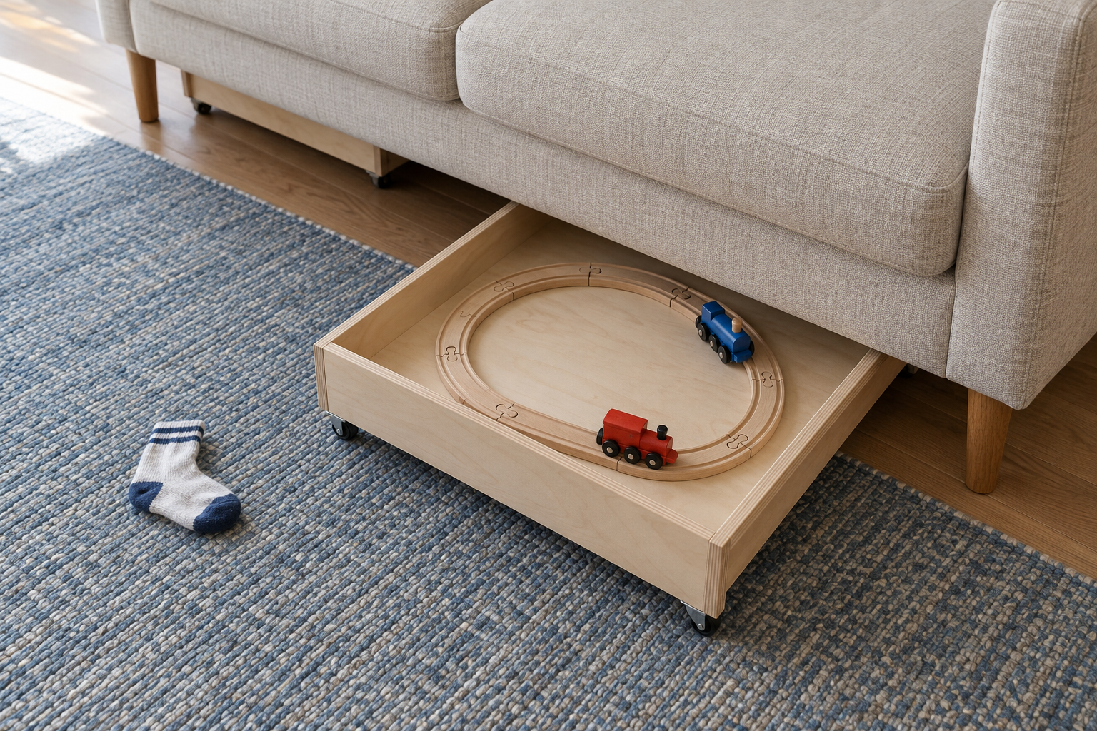 A shallow plywood tray on casters holding a wooden train track, pulled halfway out from under a sofa.