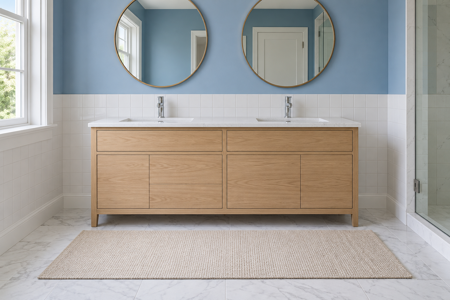 A pale oak double vanity with two basins and one long oatmeal bath runner on the marble floor in front of it, a little longer than the vanity.