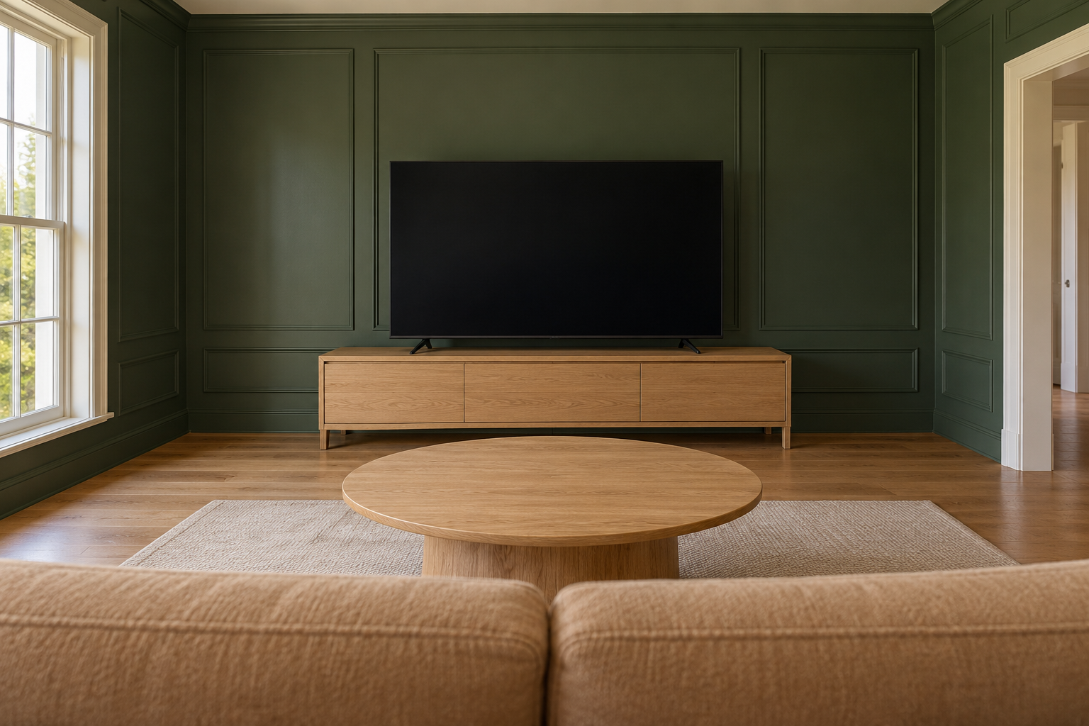 The view from a sofa toward a dark television on a white oak console, with the middle of the screen near the height of a seated viewer's eyes.