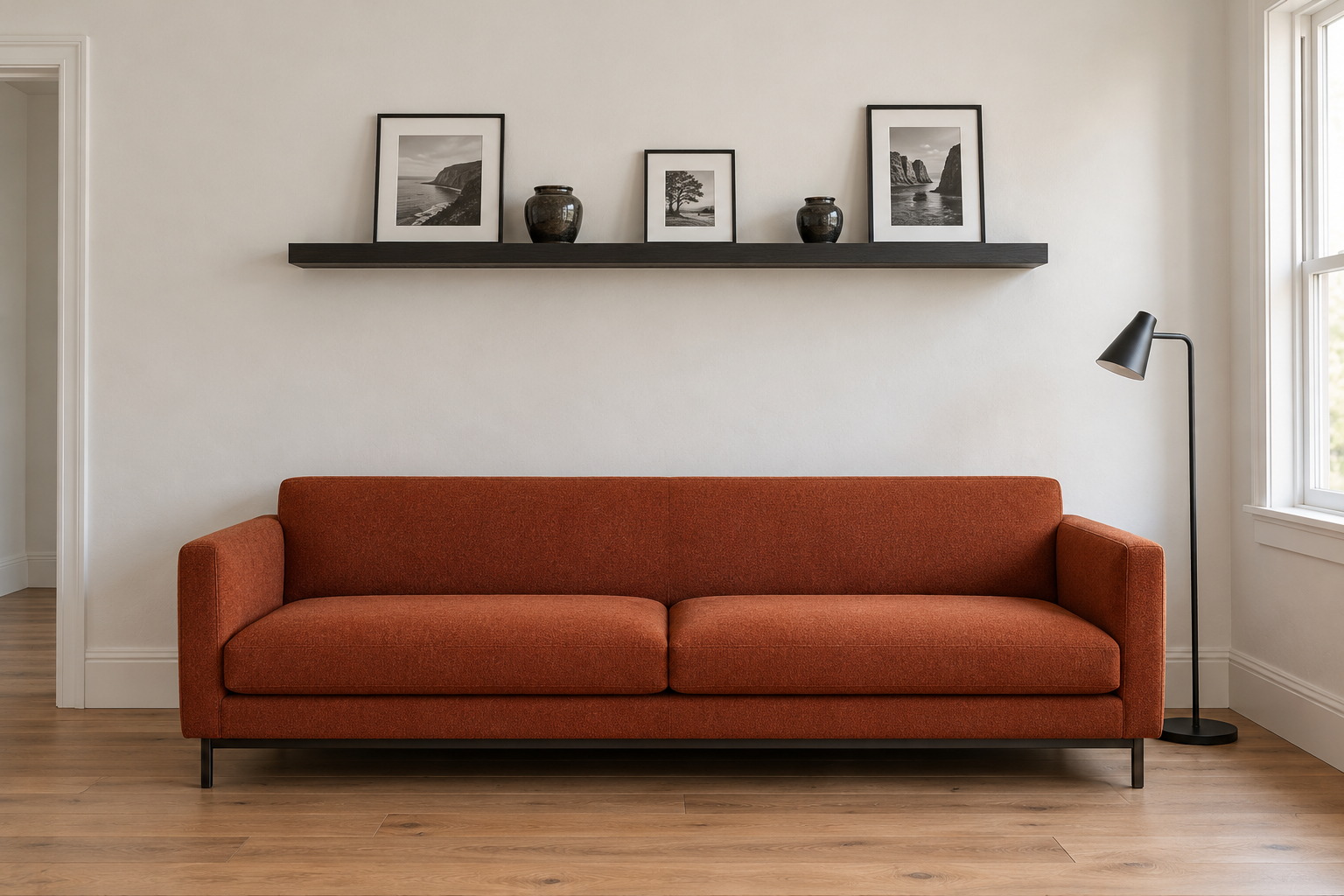 A long black oak floating shelf on a white wall above a low rust wool sofa, mounted well above the sofa back, holding a row of framed photographs and ceramics.