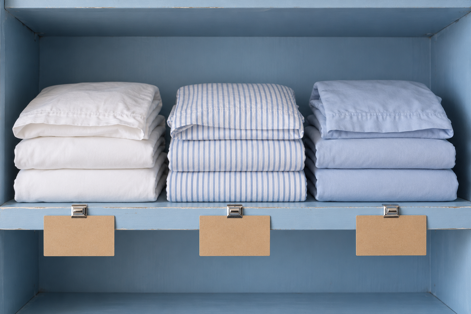 Three stacks of folded sheet sets on a powder-blue shelf, each with a small chrome label clip on the shelf edge.