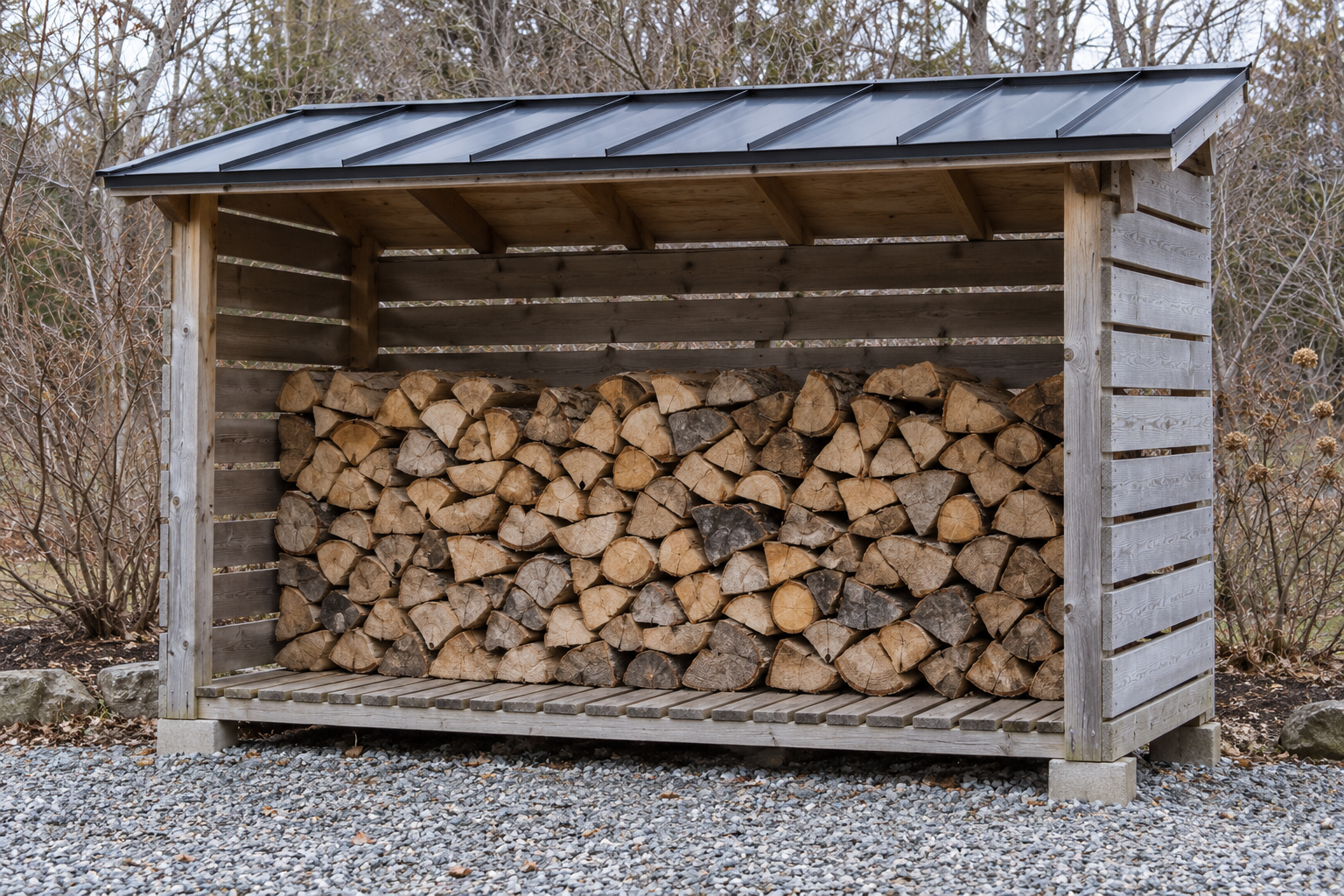 A small open-fronted wood shed with slatted sides and a metal roof, holding two rows of split logs.