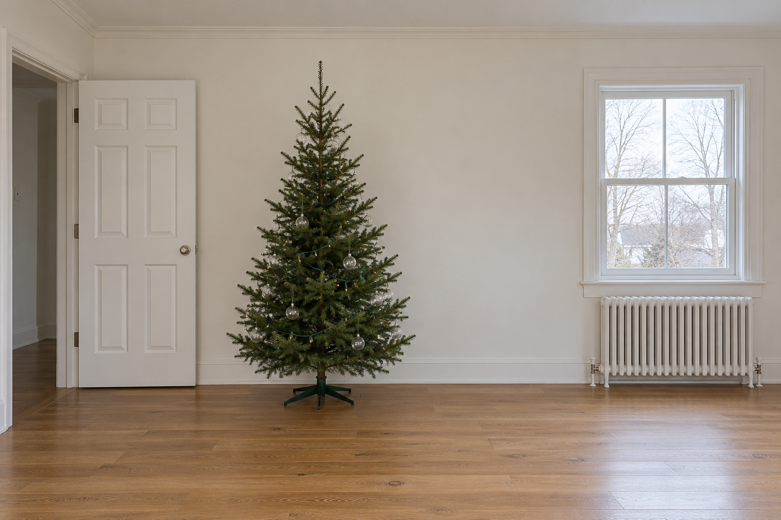 A Christmas tree standing against a wall beside an open door, with a radiator several feet away on the same wall.
