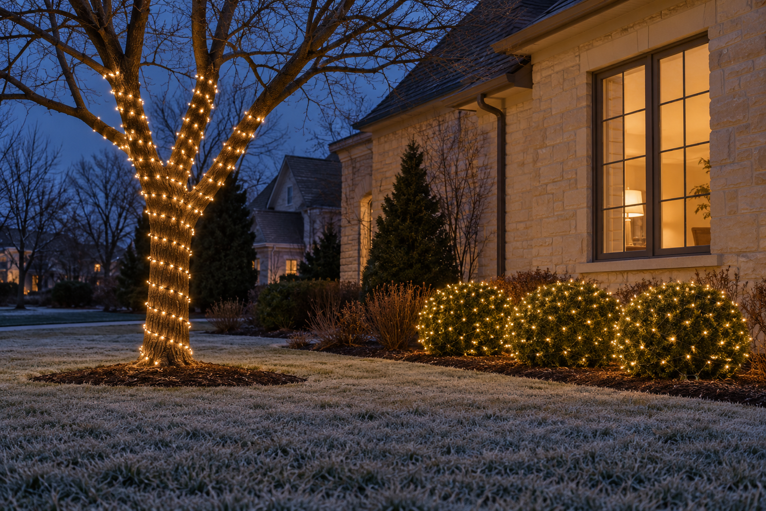 A bare tree trunk in a front yard wrapped in an even spiral of warm white lights at dusk, beside three round boxwood shrubs covered in net lights.