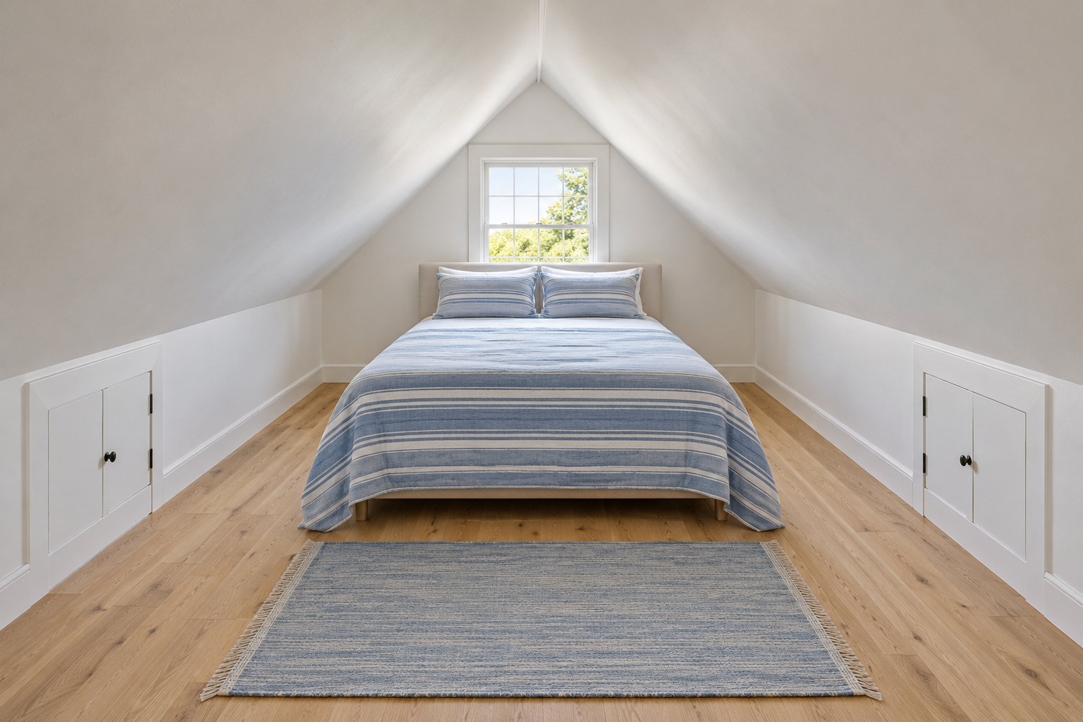 A long white attic bedroom seen down its length, with a bed centered under the ridge against the gable wall, a window above it, and clear floor on both sides.