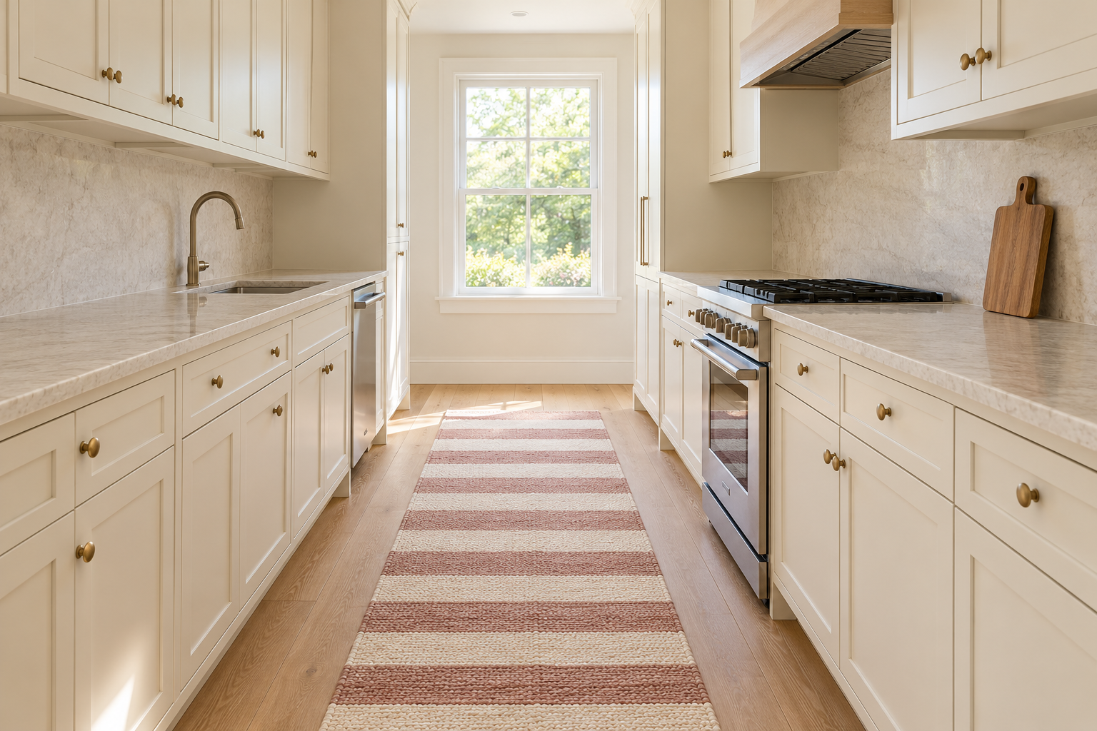 A flat-woven cotton runner with cream and dusty rose stripes lying flat down the middle of a galley kitchen between cream cabinets.