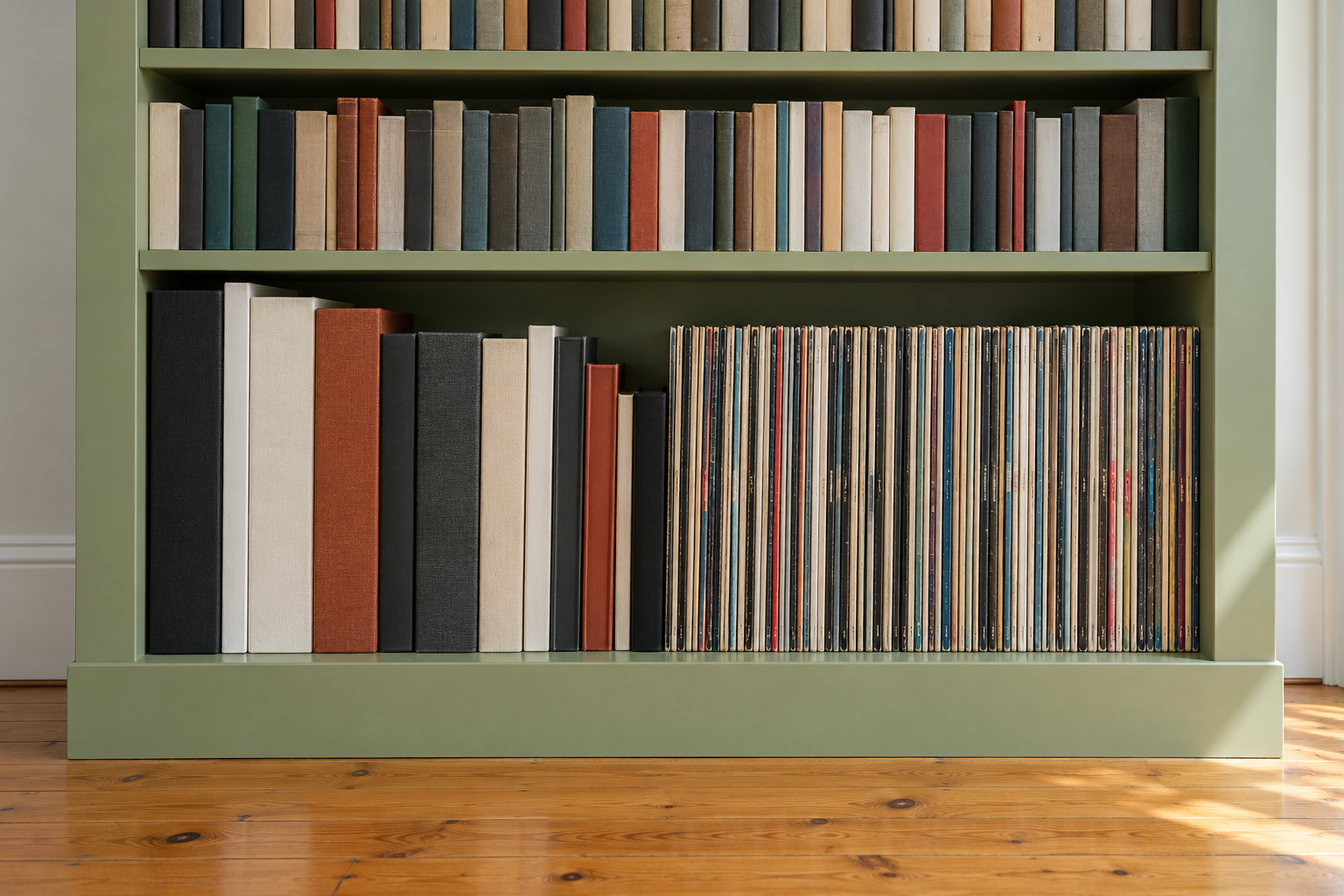 The bottom shelf of a green bookcase with a tall opening holding large art books and a row of vinyl records, with shorter shelves above.