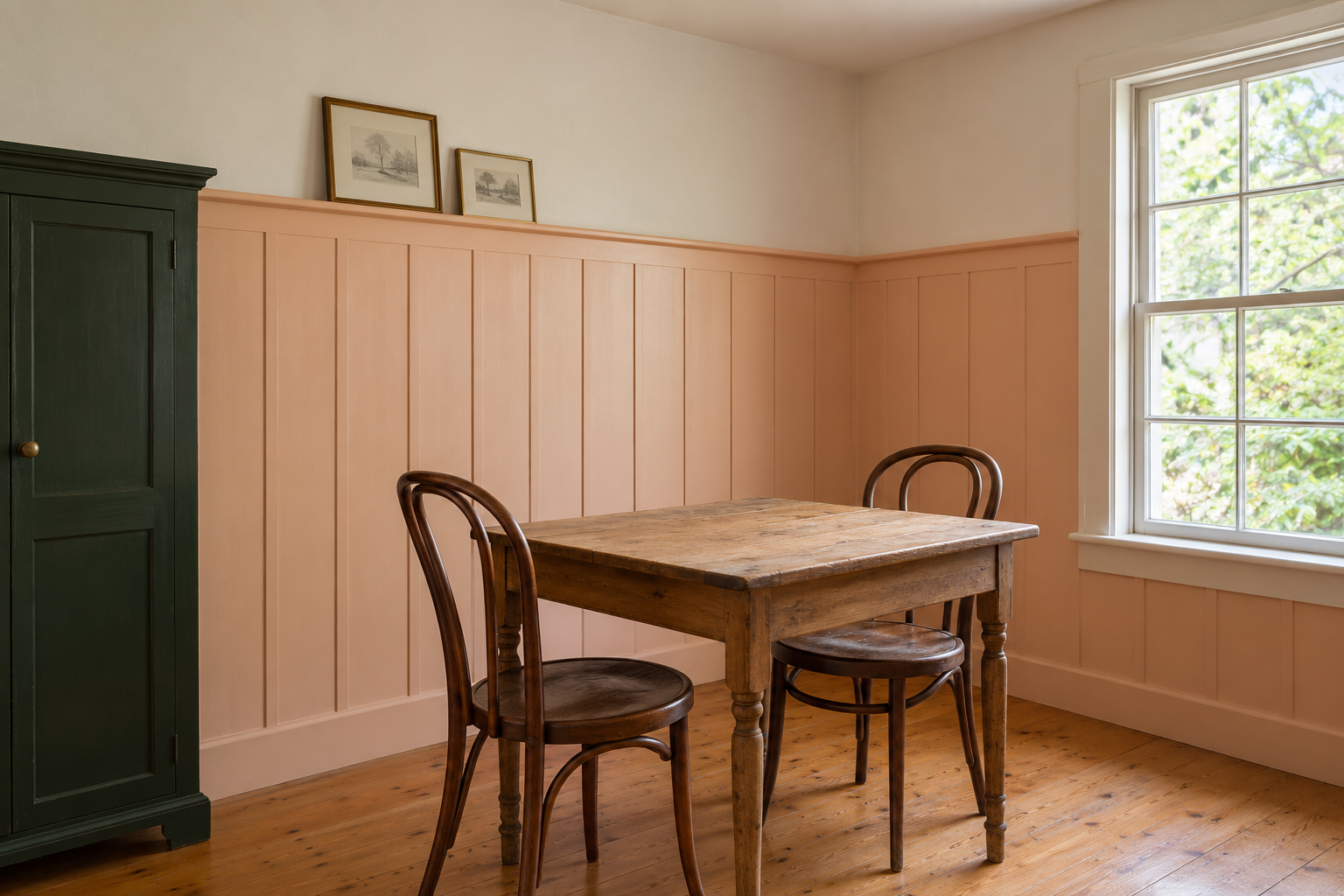 A breakfast room with peach board-and-batten paneling two thirds of the way up the wall, topped by a narrow ledge.