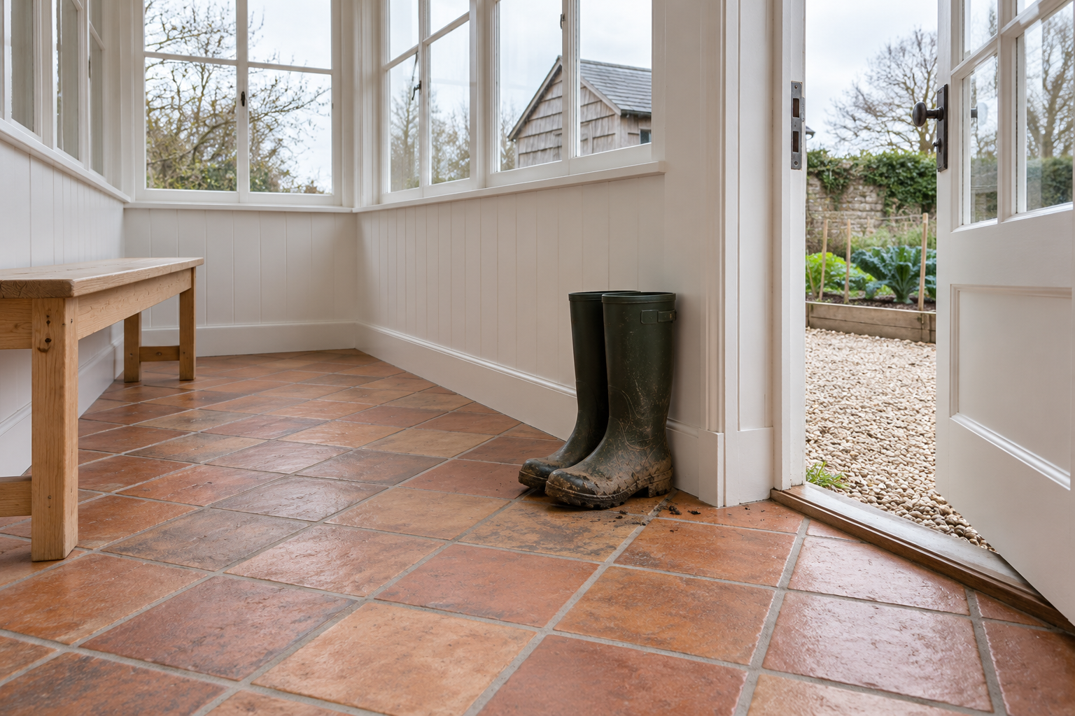 Square terracotta floor tiles inside a sunroom's open garden door, with a pair of muddy rubber boots beside a pine bench.