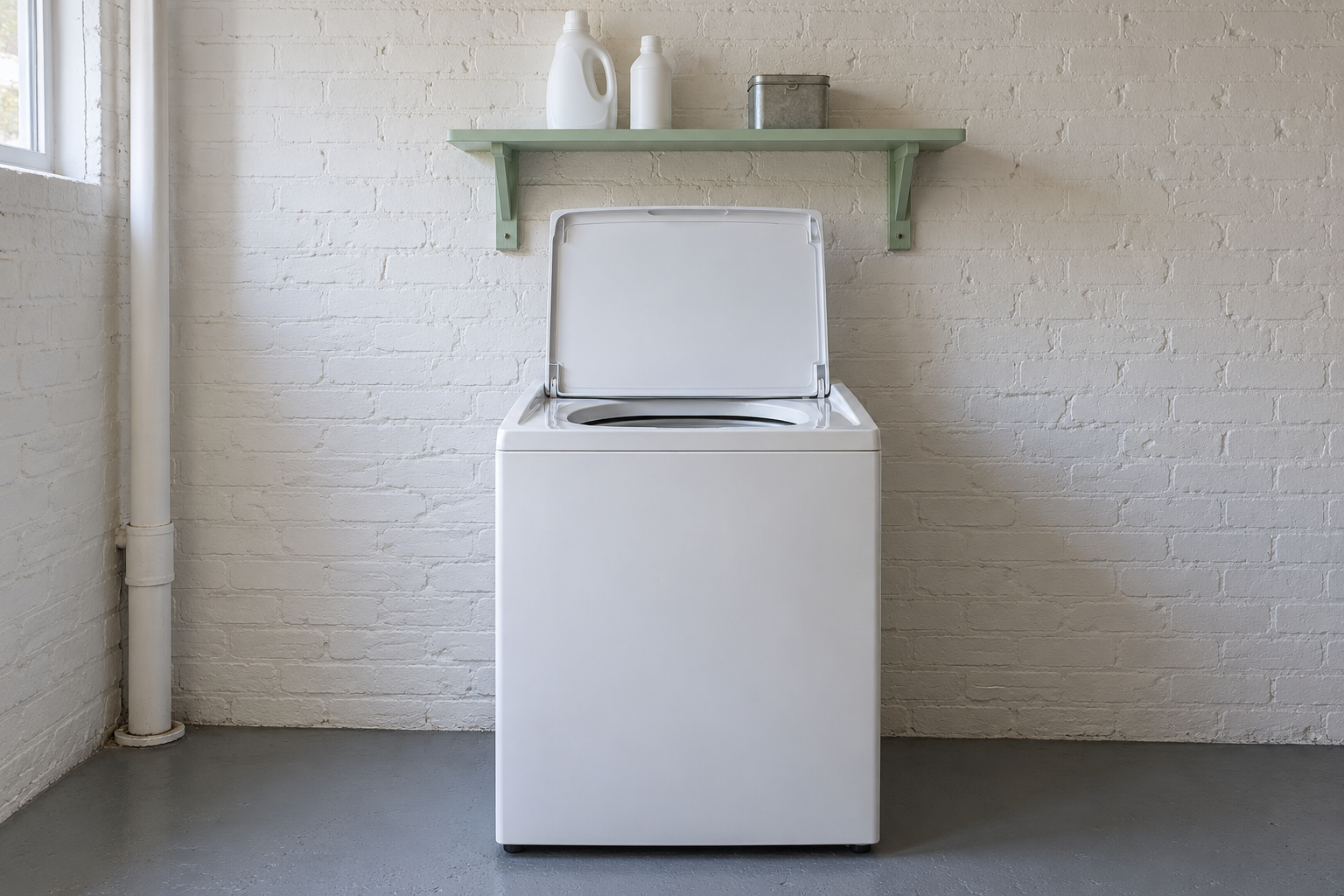 A white top-loading washer with its lid raised fully open, clearing a mint painted shelf mounted well above it in a utility corner.