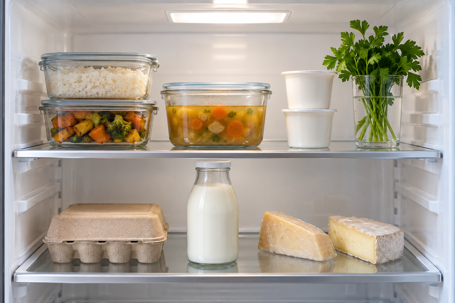 The upper shelves of a refrigerator with leftovers in shallow glass containers, yogurt, and herbs in a glass of water above a shelf of milk, cheese, and a carton of eggs.