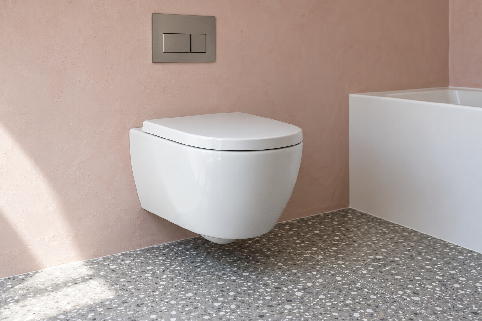 A white toilet hung on a pink plaster wall with the floor running clear underneath and a flush plate set into the wall above.