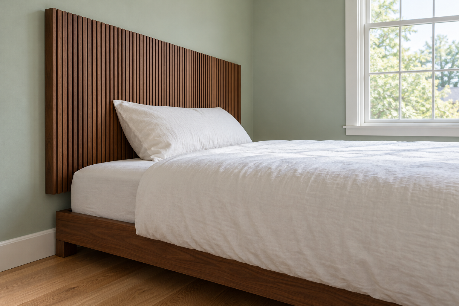 A walnut slatted headboard fixed to a celadon wall, its bottom edge hidden behind the mattress of a low bed pushed tight against it.