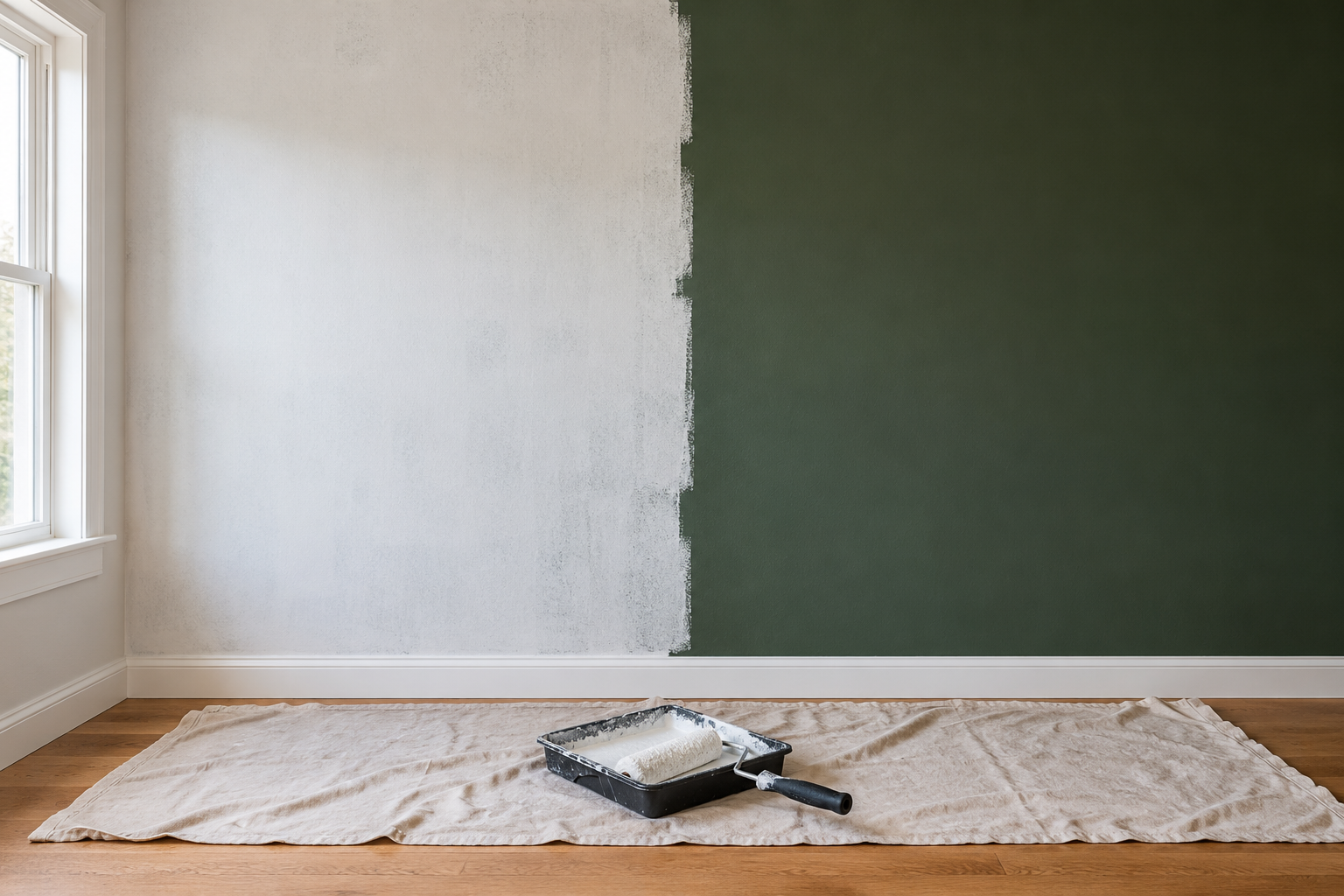 A dark green wall partly rolled over with white primer, the green faintly showing through the first coat of primer.