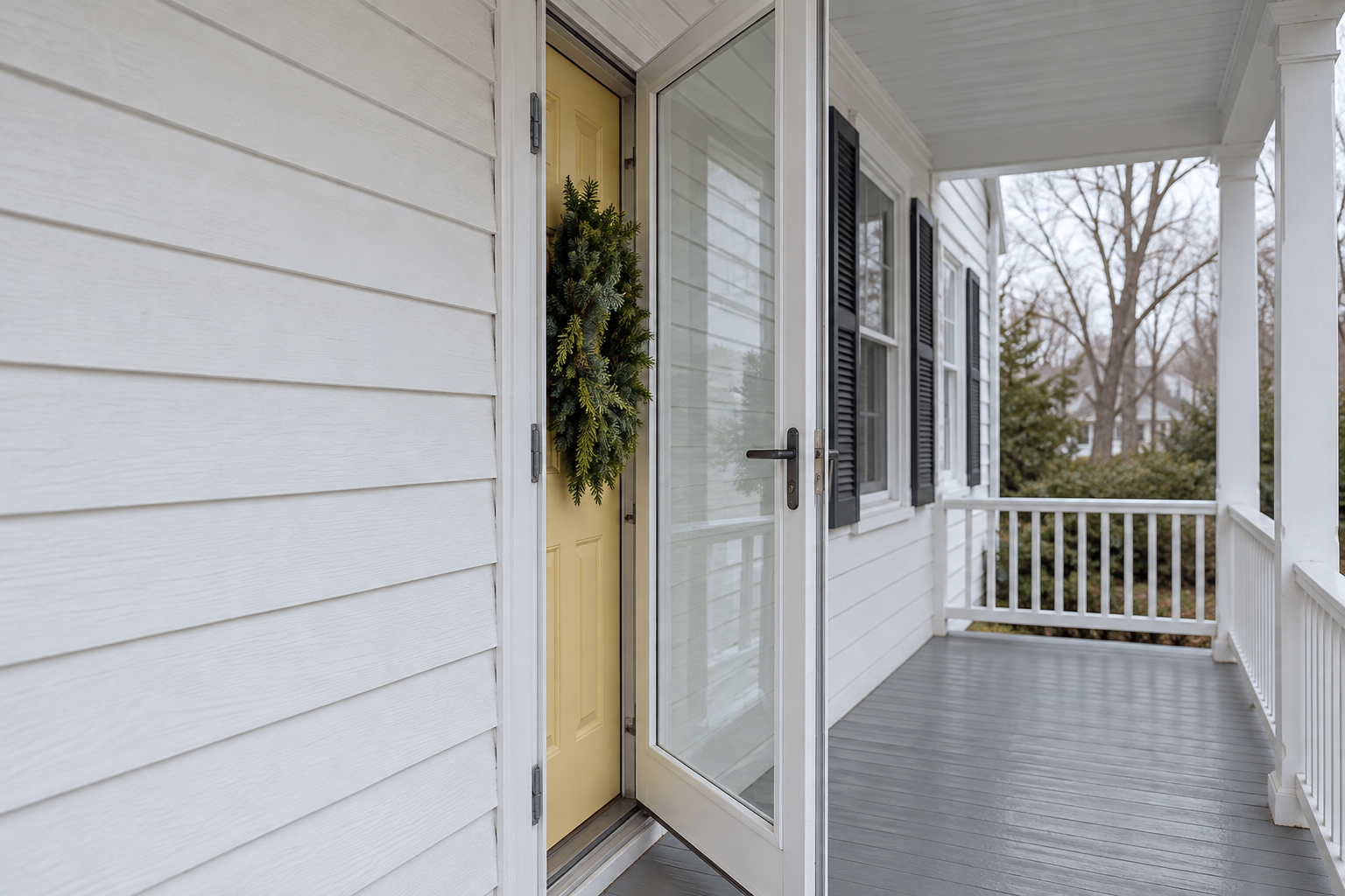 A front door seen from the side with its glass storm door open, showing how far an evergreen wreath stands out from the door.