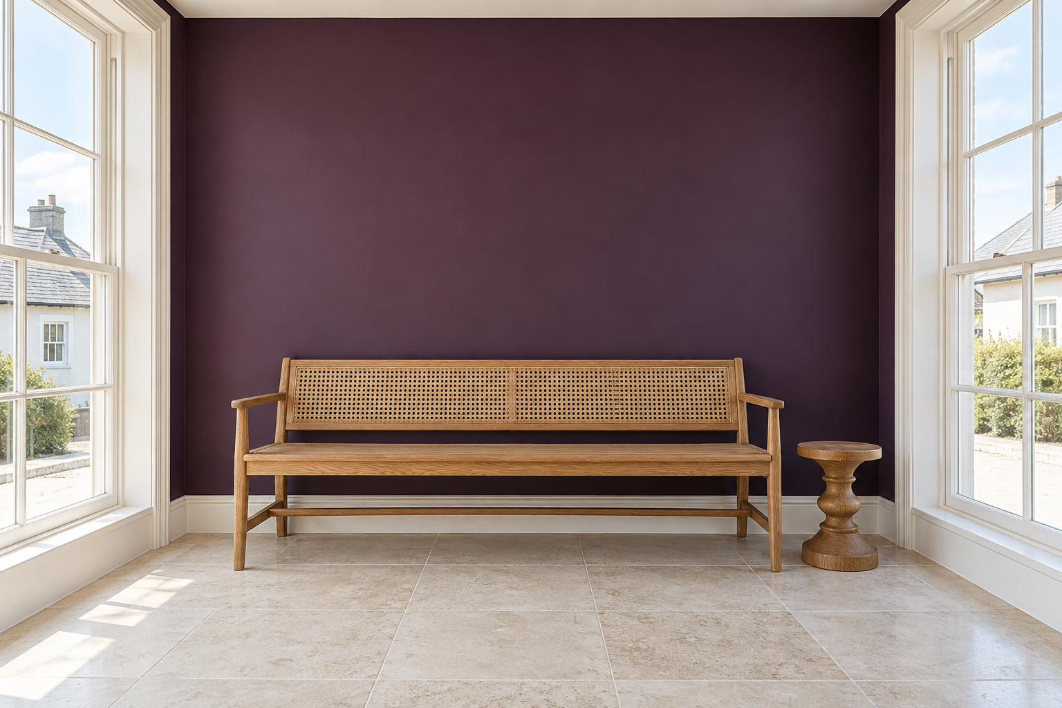 A sunroom's solid end wall painted deep aubergine in bright daylight, with white window frames at both edges and a cane-backed oak bench against it.
