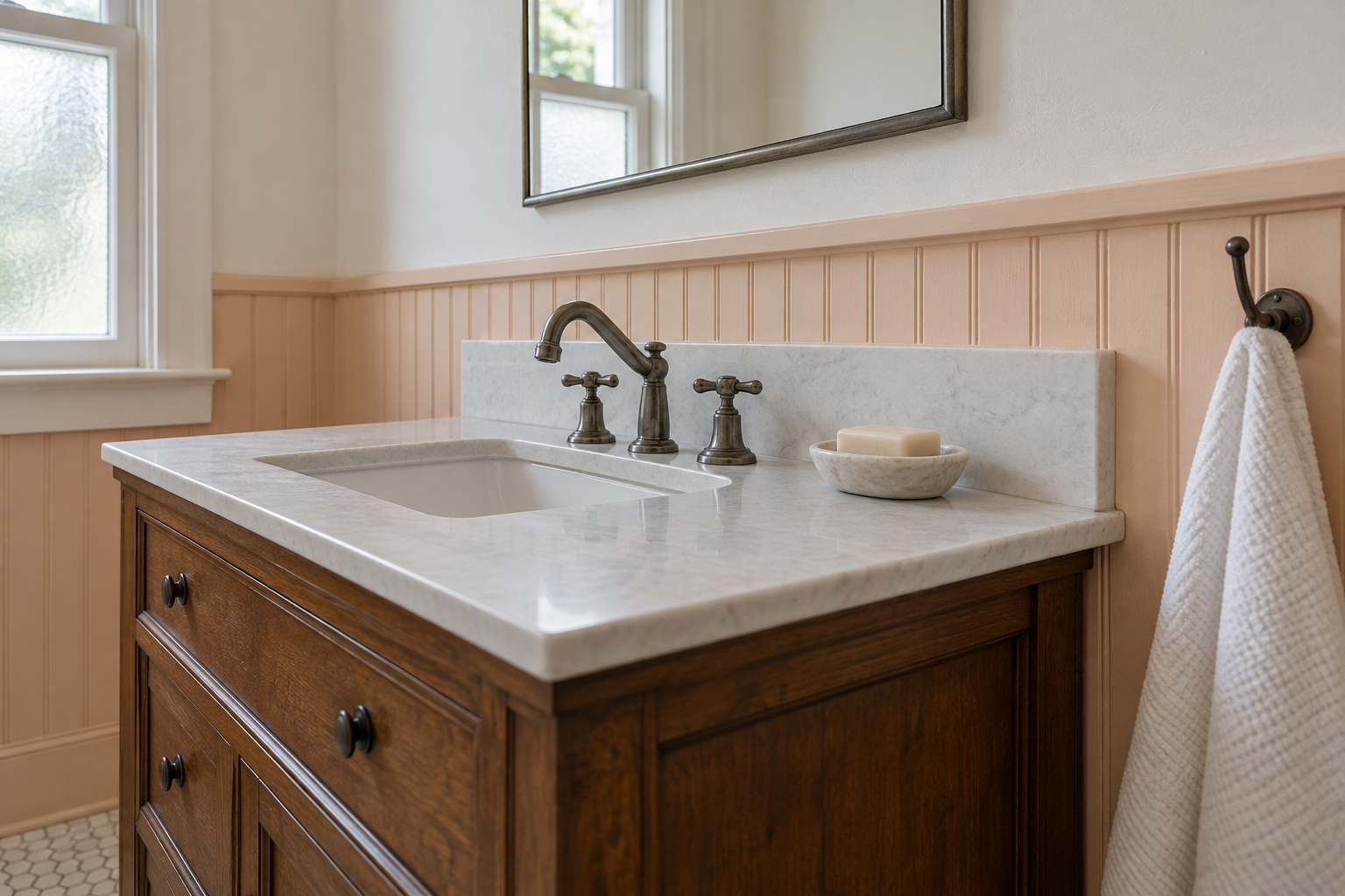 Peach beadboard wainscoting in a bathroom with its cap a little above the vanity backsplash.