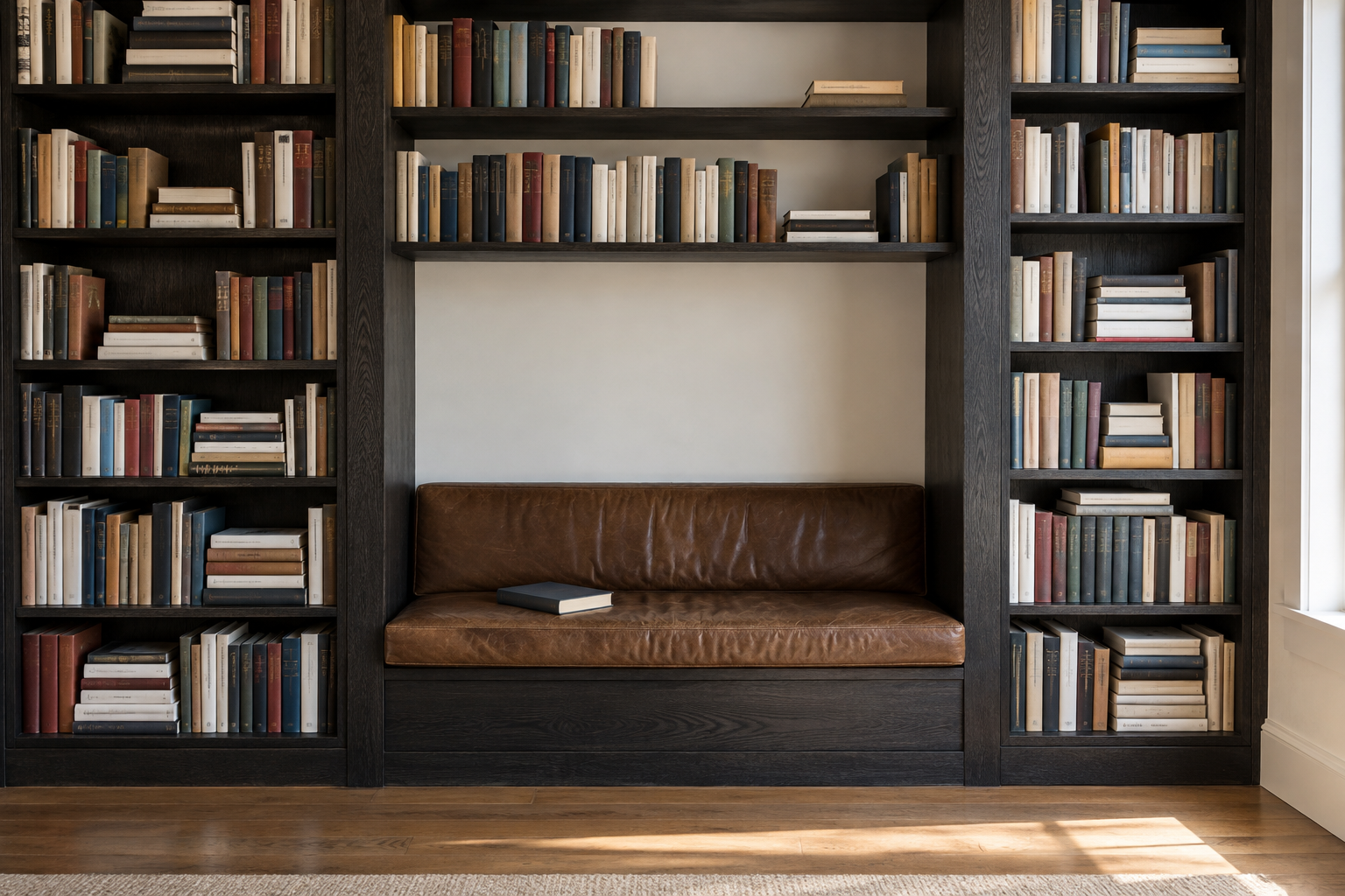 A leather-cushioned bench set in the gap between two tall black bookcases, with shelves of books on both sides and above.