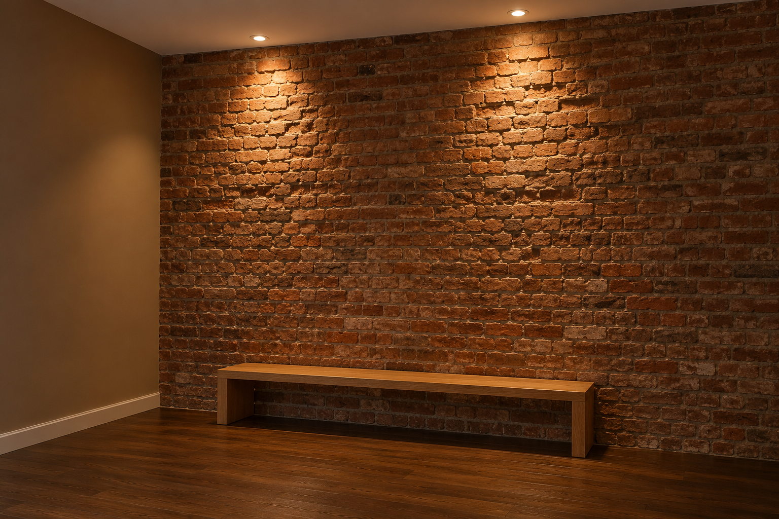 A red-brown brick wall lit from two recessed lights set close to it, with every brick and mortar joint picked out in shadow.