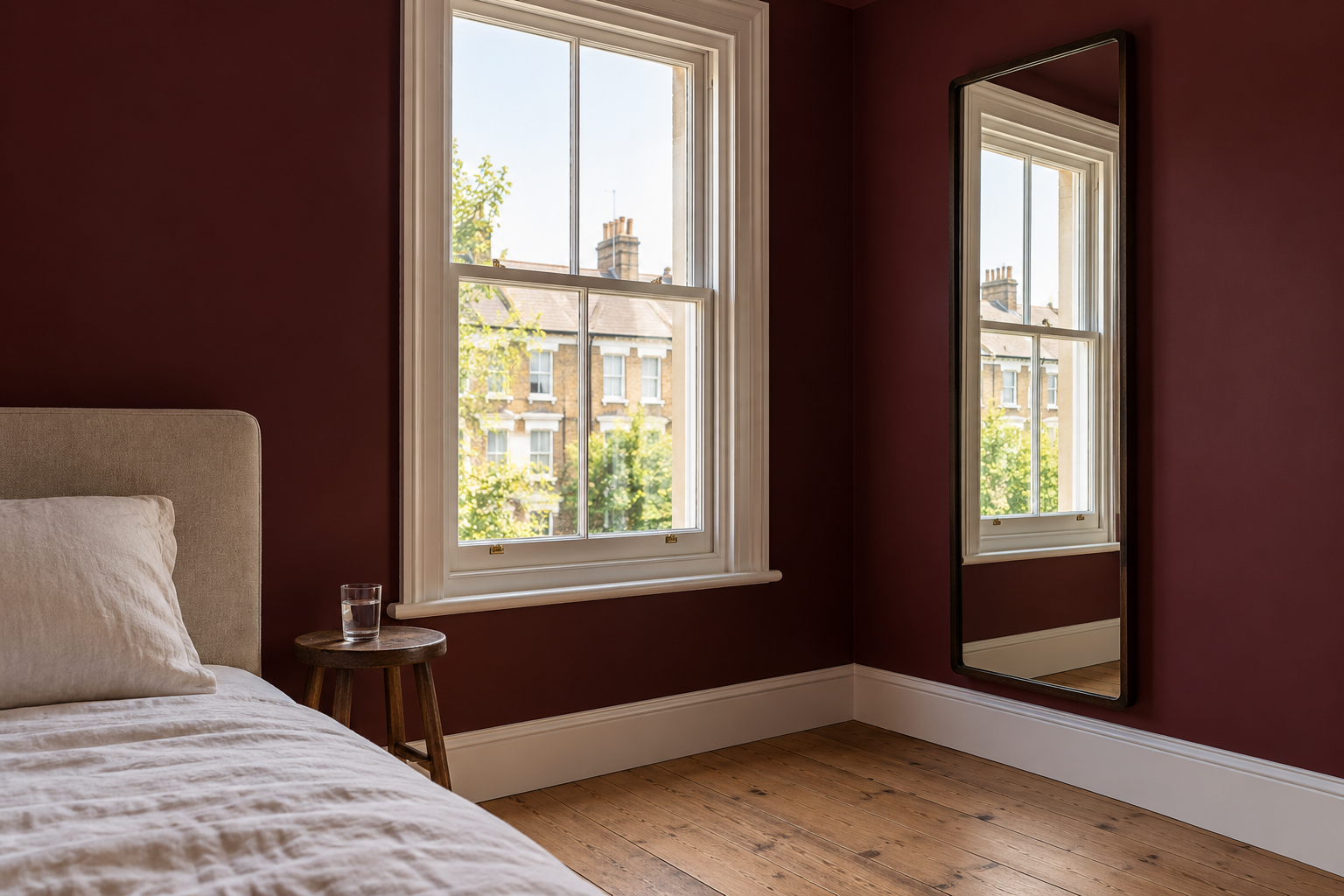A tall mirror beside a sash window in a burgundy bedroom, reflecting the daylight.
