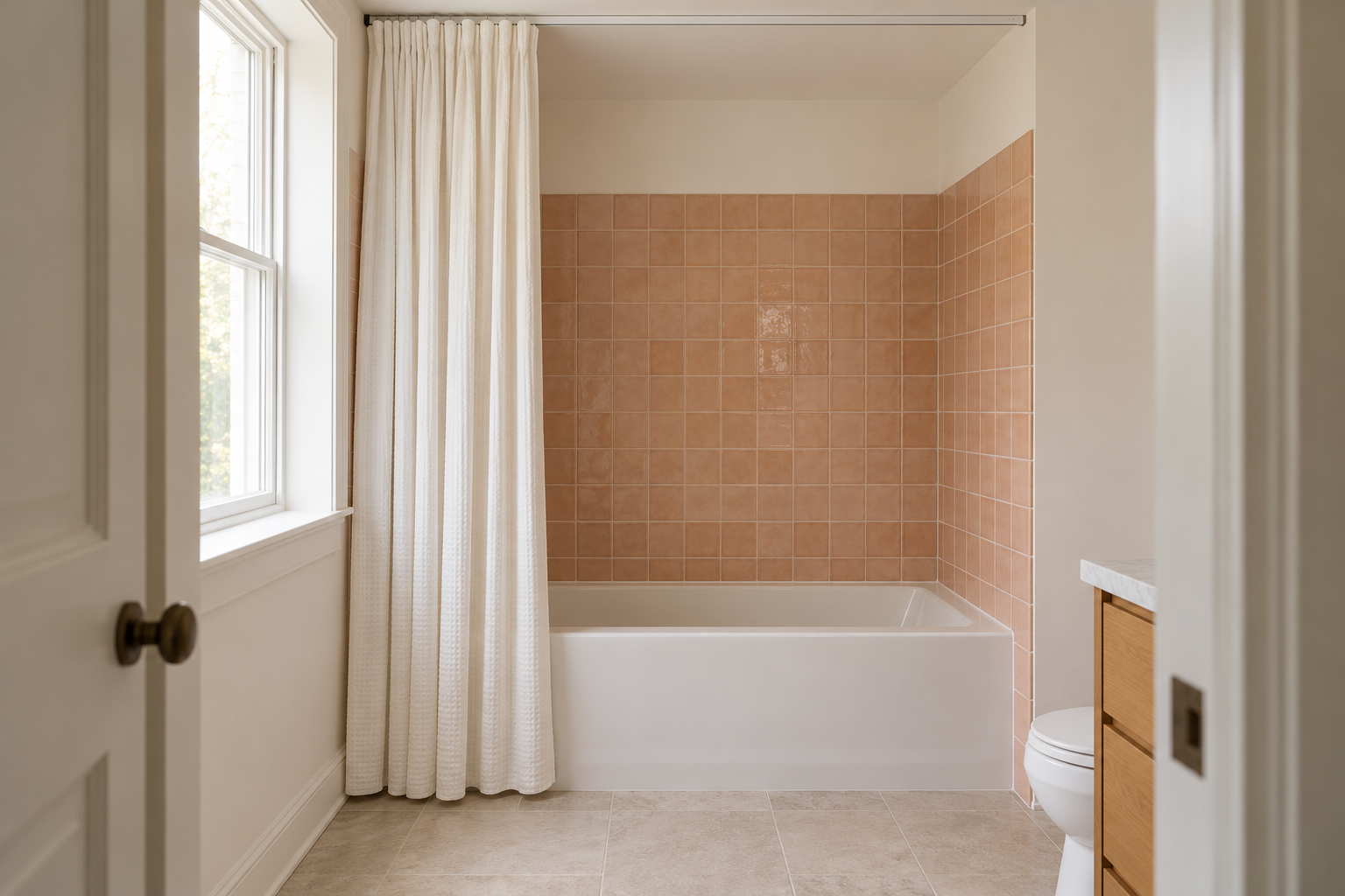 A long white waffle shower curtain hanging from a slim track fixed to the ceiling above a tub, running the full height of a bathroom with peach tile below and white plaster above.