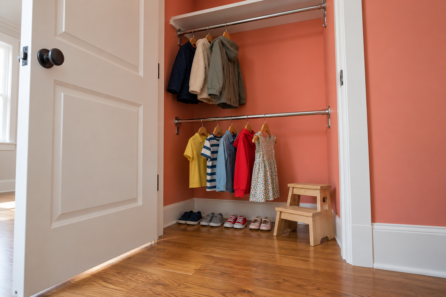 A low closet rod with children's clothes at a child's reach, with a second rod high above and small shoes on the floor.