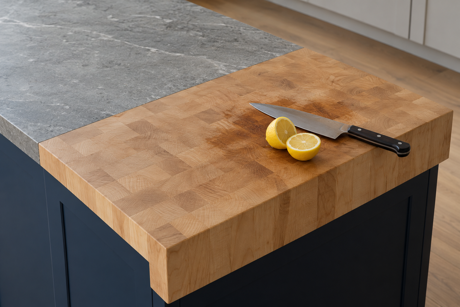 A block of end-grain maple set flush into the end of a gray stone island top, with a knife and a halved lemon on it.