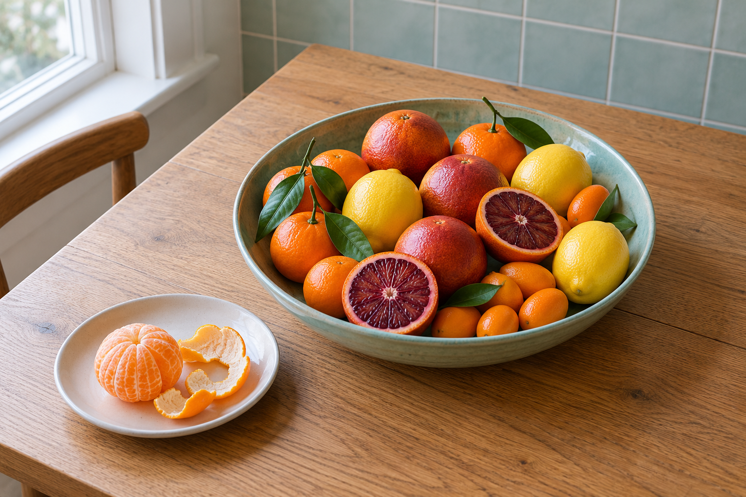 A wide pale celadon bowl of mixed winter citrus, blood oranges, clementines with leaves, lemons, and kumquats, on an oak kitchen table, with one peeled clementine on a small plate.