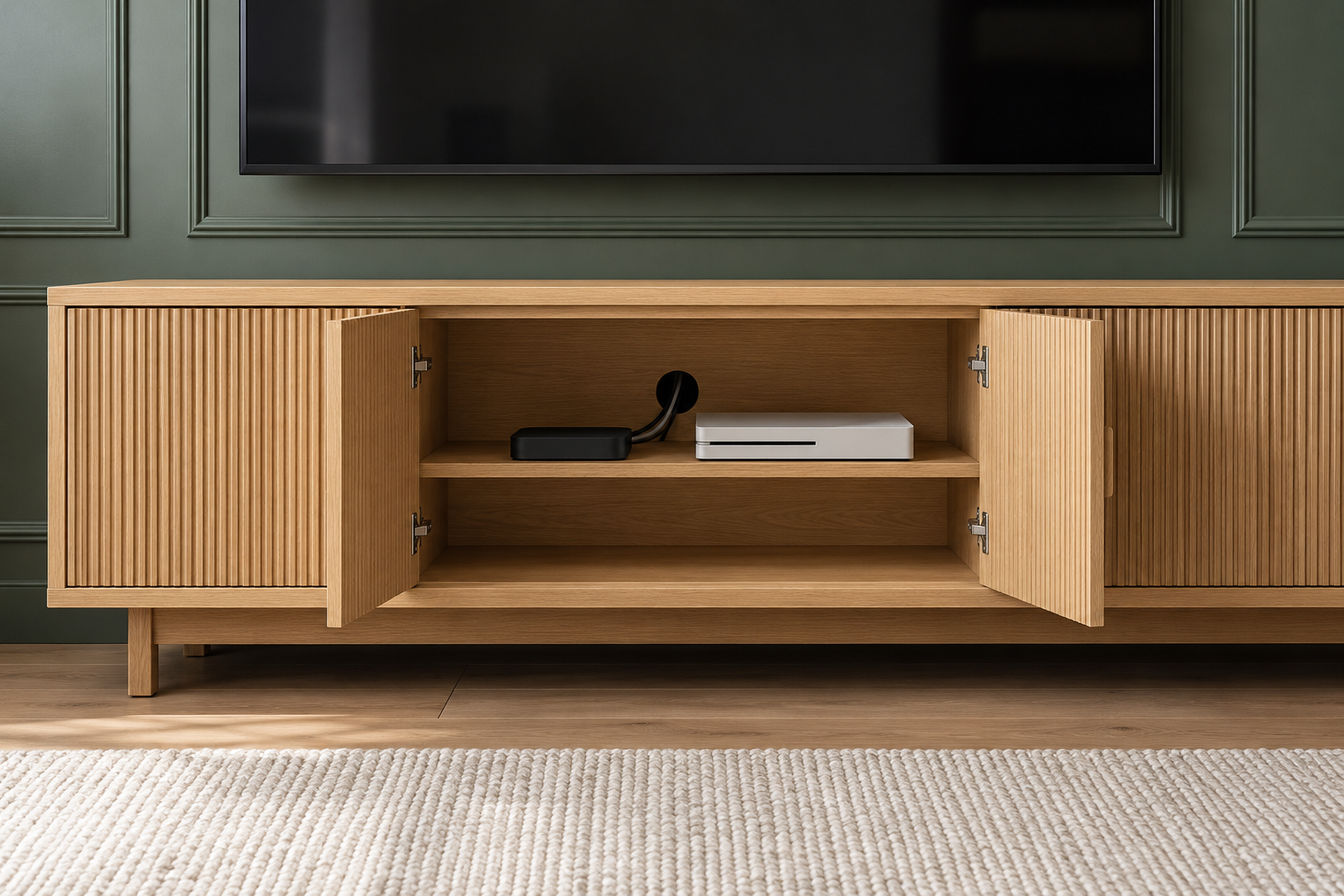 A white oak media console with two fluted doors open, showing a streaming box and a game console on a shelf with space around them and a cable hole in the back panel.