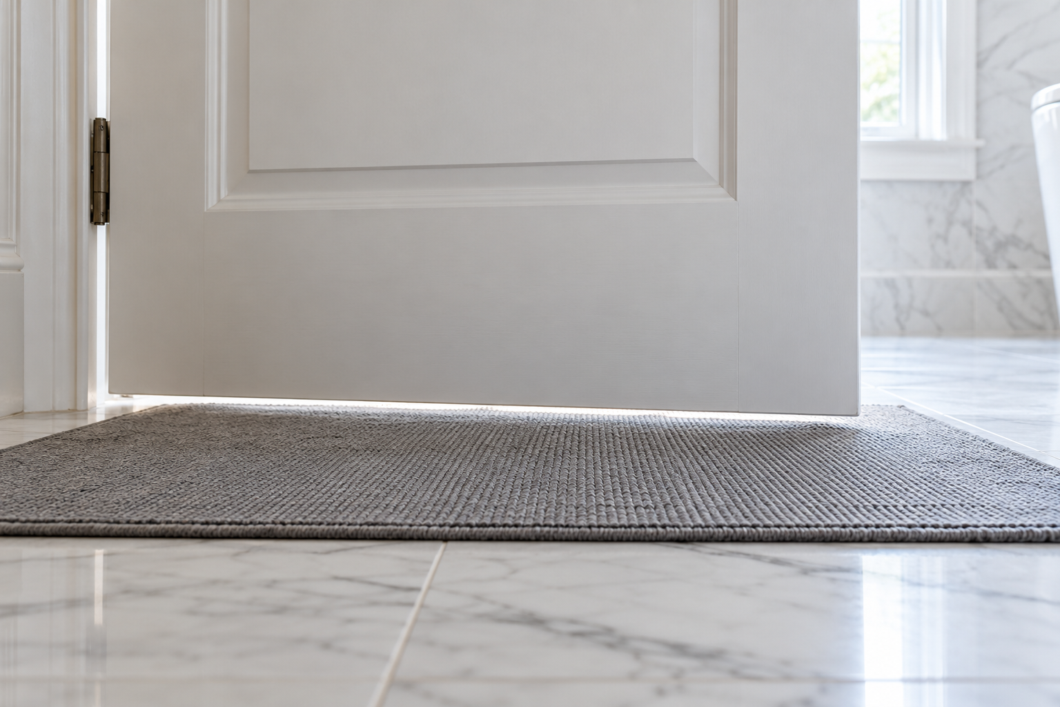 A low view of a bathroom door swinging open over a thin flat woven gray mat, its bottom edge passing just above the mat.