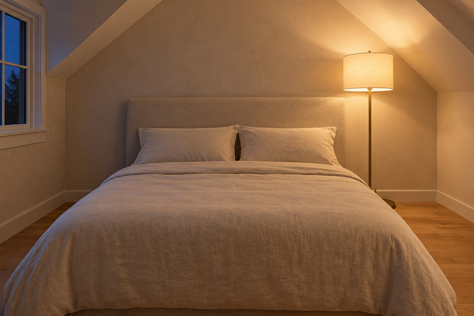 A slim brass floor lamp with a linen shade lit beside a bed in a pale clay bedroom, its shade level with the top of the headboard.