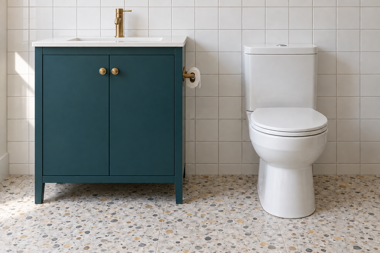 A teal bathroom vanity and a white toilet side by side on a tiled wall, with a clear gap of floor between the cabinet and the toilet.