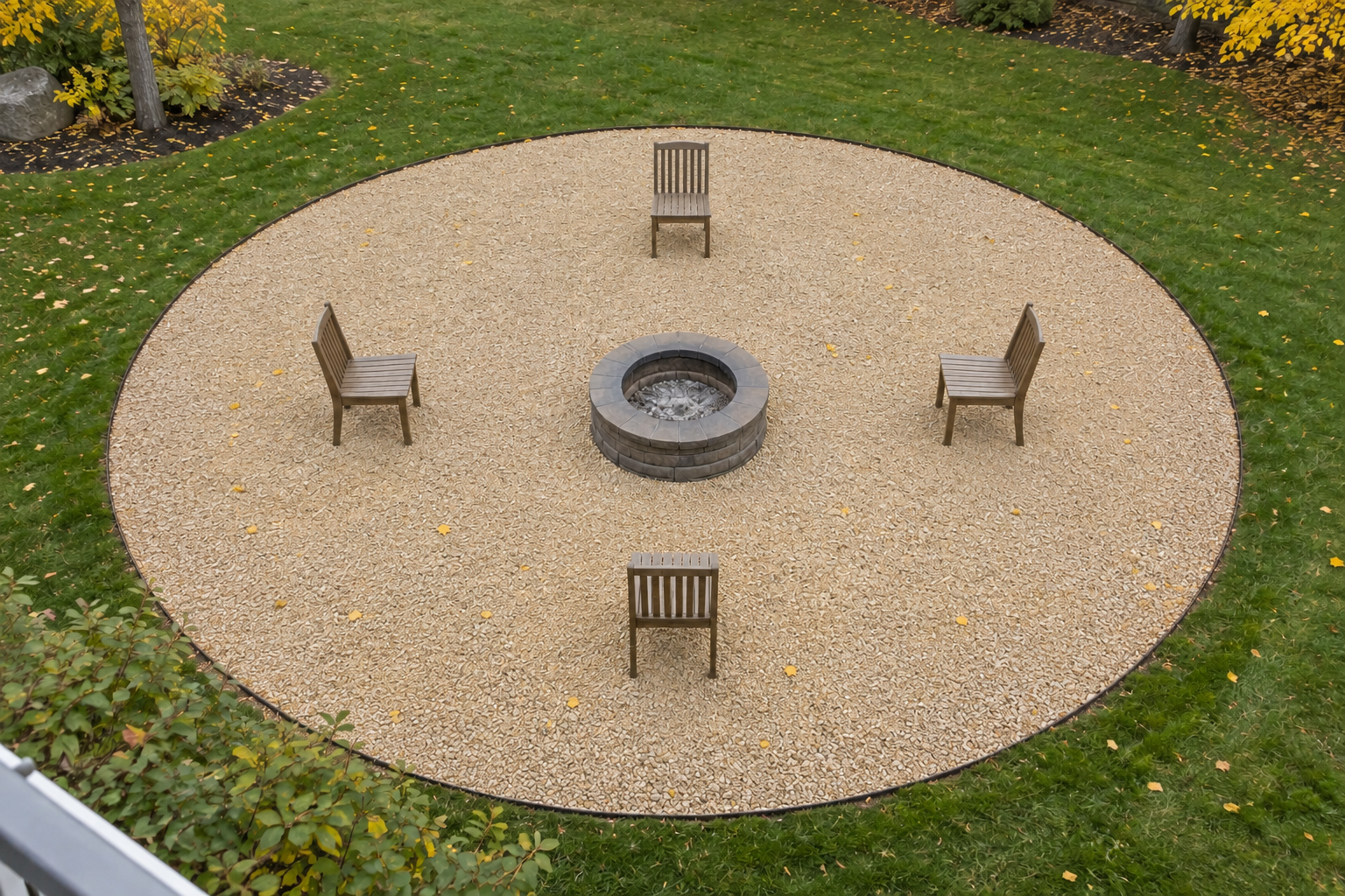 A circle of buff gravel edged in steel and set into a lawn, seen from above, with a fire pit at the center and chairs well inside the edge.