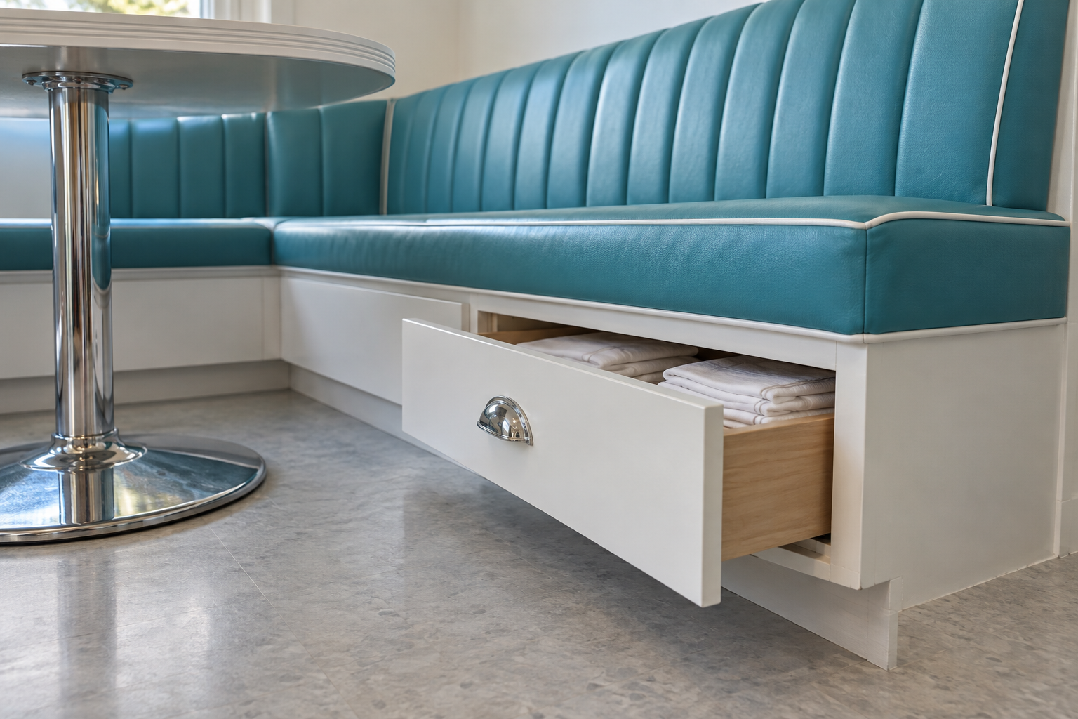 The white base of a banquette recessed at the floor, with a drawer in the bench front open and holding table linens.