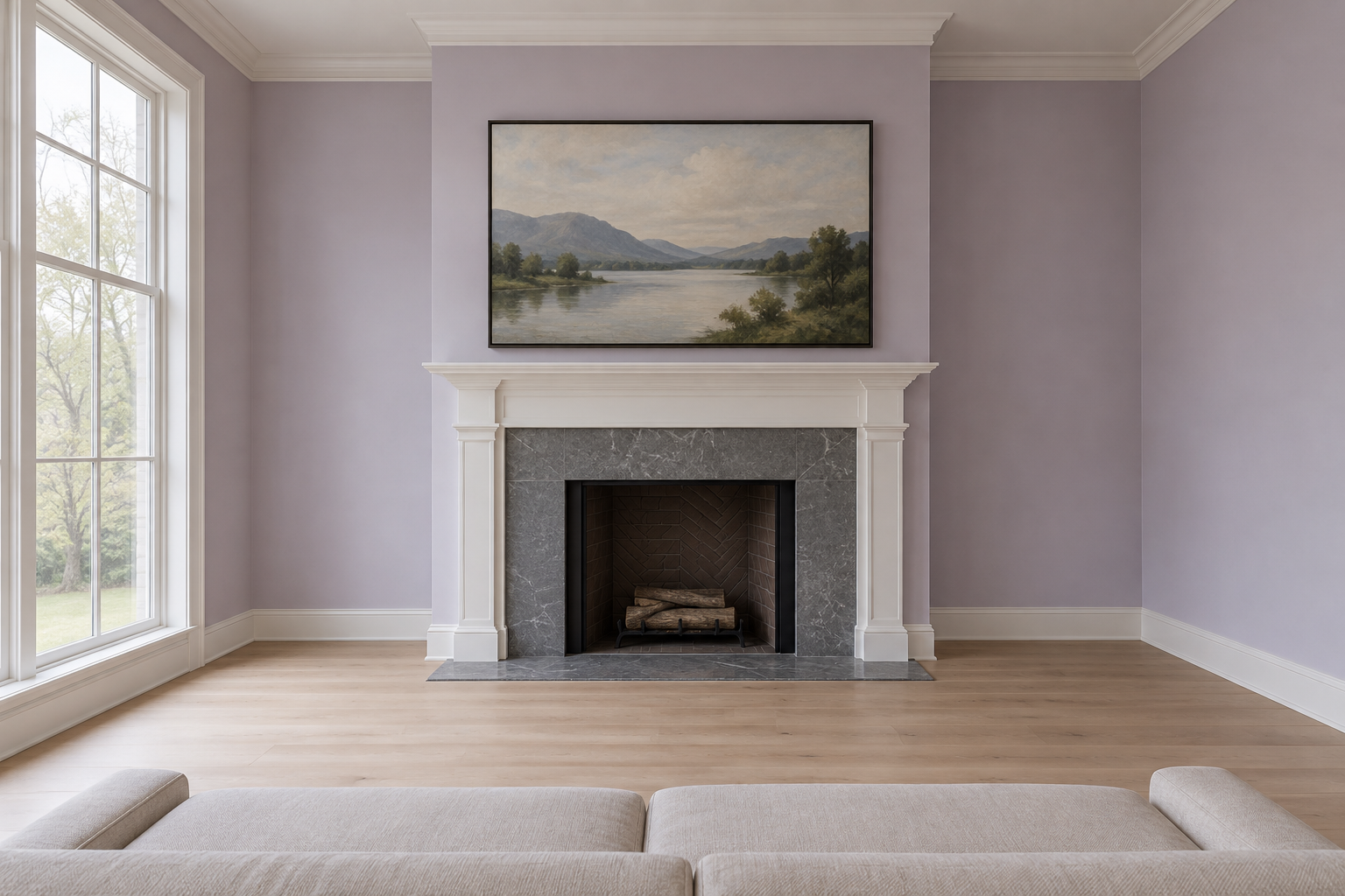 A white mantel at about shoulder height in a tall lilac room, with a large landscape painting hung a few inches above it.