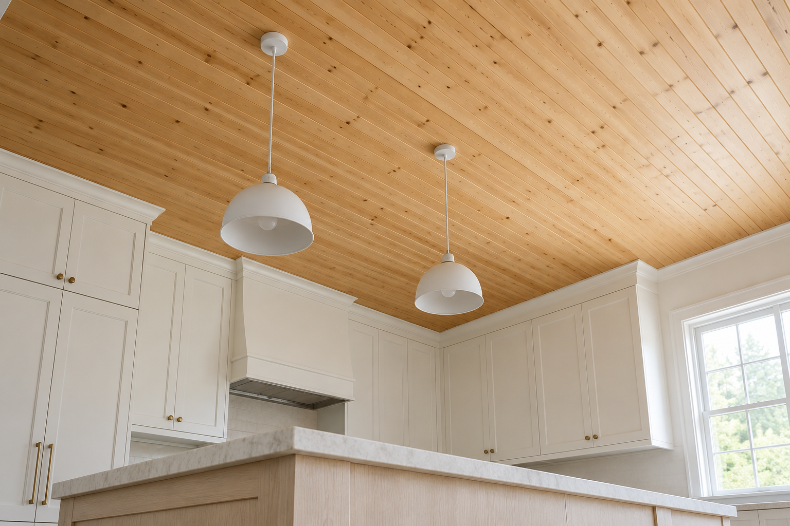 A kitchen ceiling lined in honey colored pine boards running across the room, above white cabinets and a pale stone island.