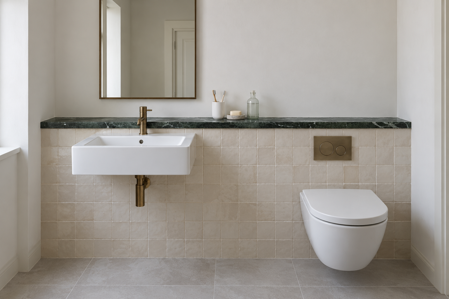 A bathroom wall with a waist-high tiled ledge capped in green marble running behind the toilet and the basin.