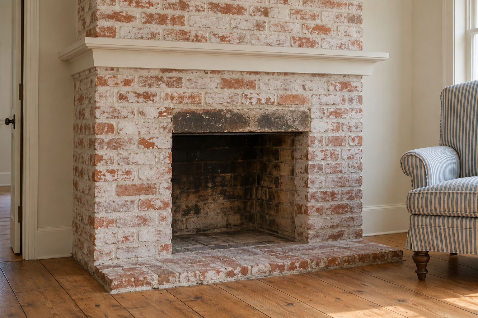 A brick fireplace with a thin white limewash that lets the red brick and mortar lines show through.