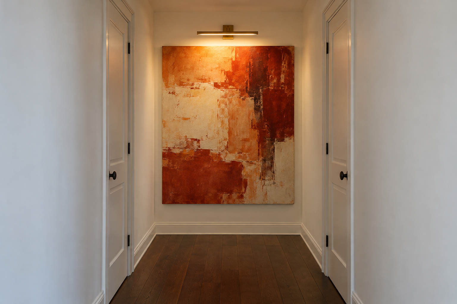 A large abstract painting in orange and red on the end wall of a white hallway, lit from above by a brass picture light.