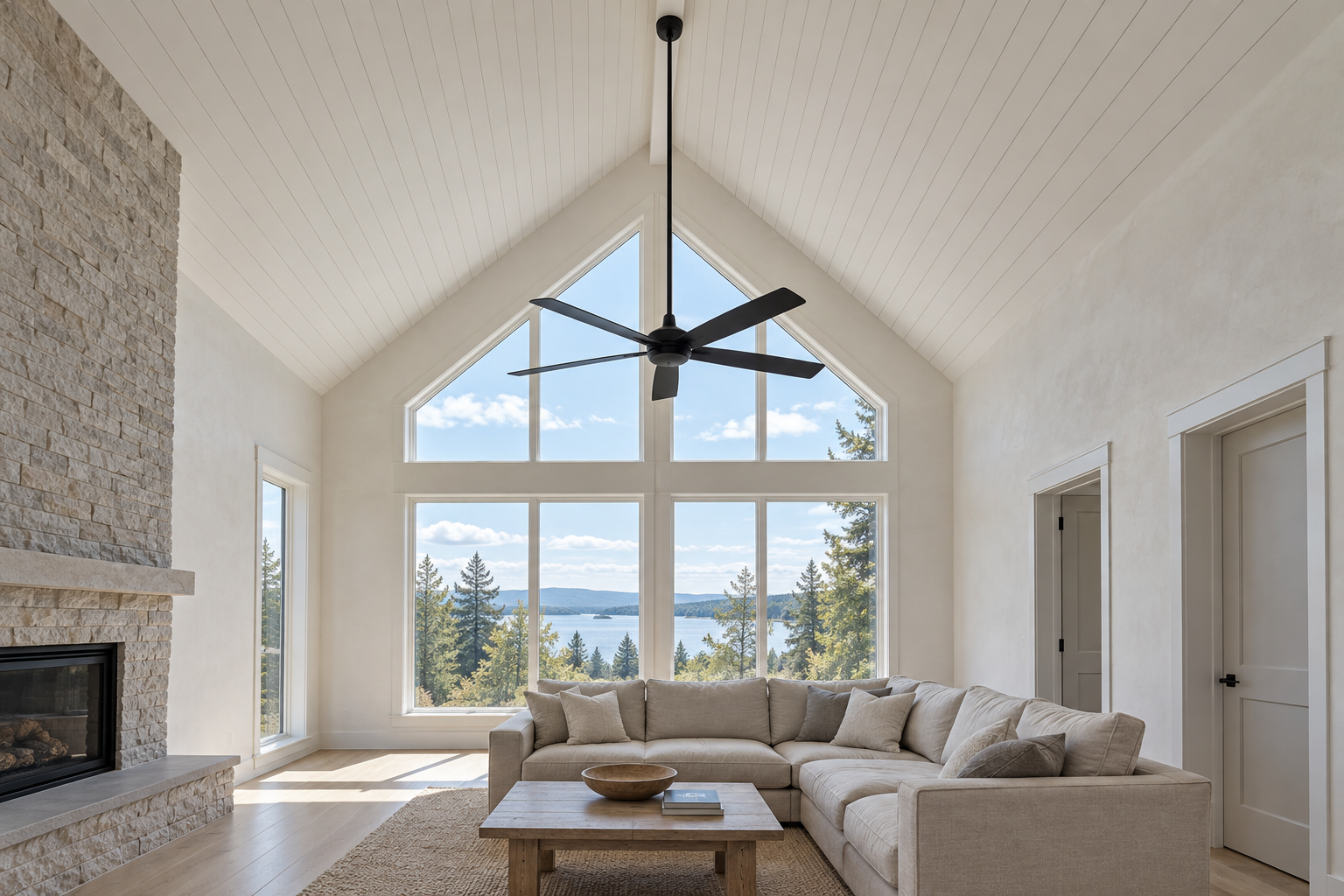 A black ceiling fan hanging on a long rod from a high vaulted white ceiling, its blades at about the height of the tops of the doors.