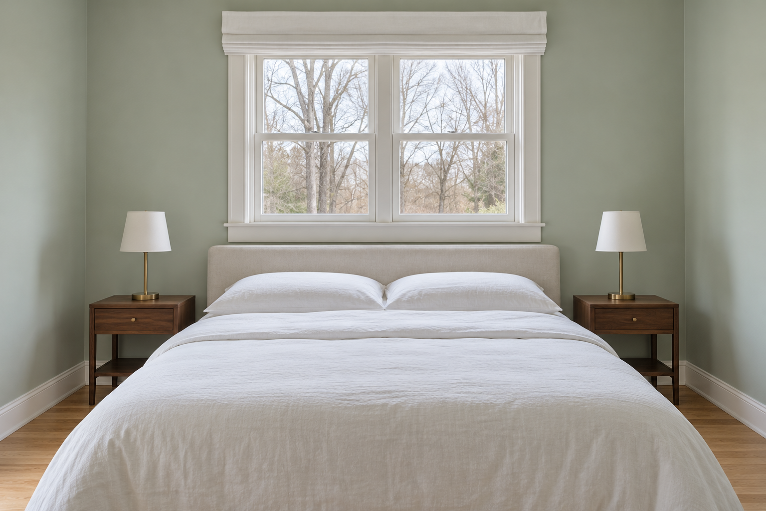 A bed under a window with a low cream upholstered headboard whose top sits a few inches below the windowsill.