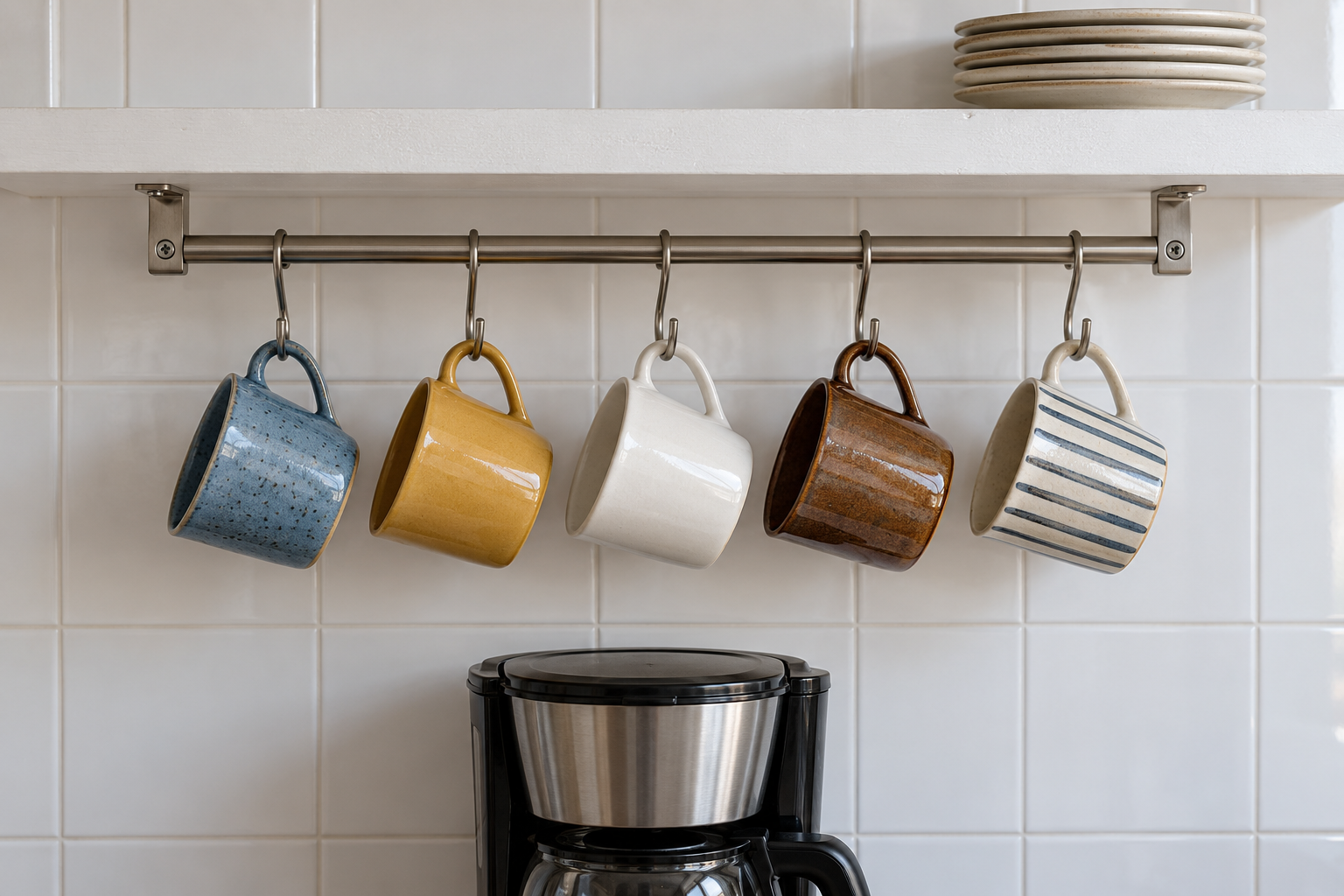 Five different mugs hanging from a steel rail under a white shelf, above a coffee maker.