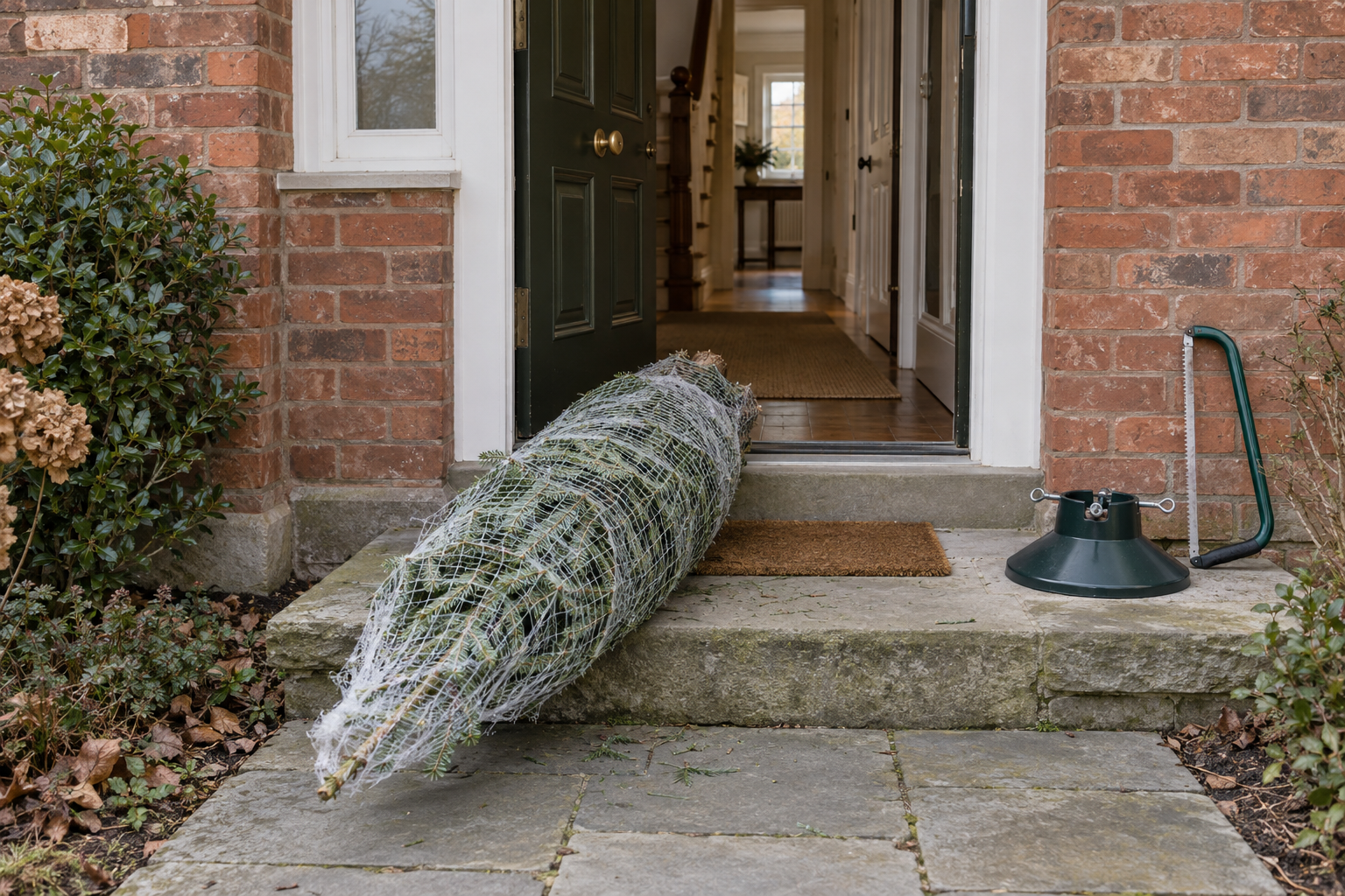 A cut Christmas tree wrapped in white netting, lying on a front step with its trunk pointing through an open front door.