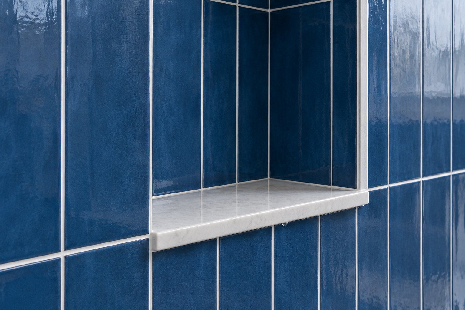 The corner of a shower niche where the white grout lines of cobalt blue tile meet the niche's edge and white stone sill exactly.