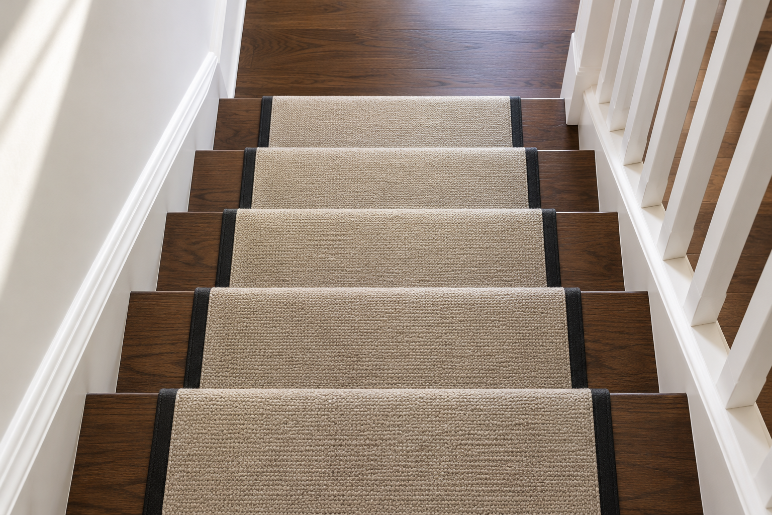 An oatmeal wool runner with a narrow black border centered on dark walnut stairs, with an equal band of wood on each side.