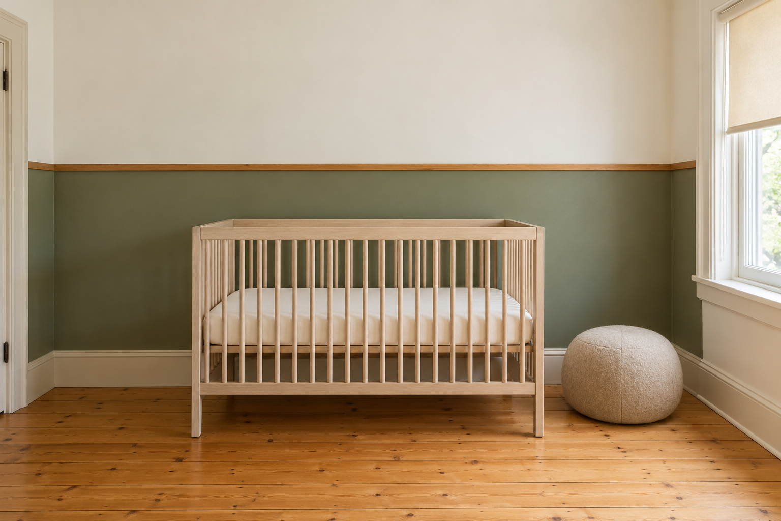 A nursery wall painted olive green below a narrow oak rail and warm white above, with a bare ash crib in front of it.